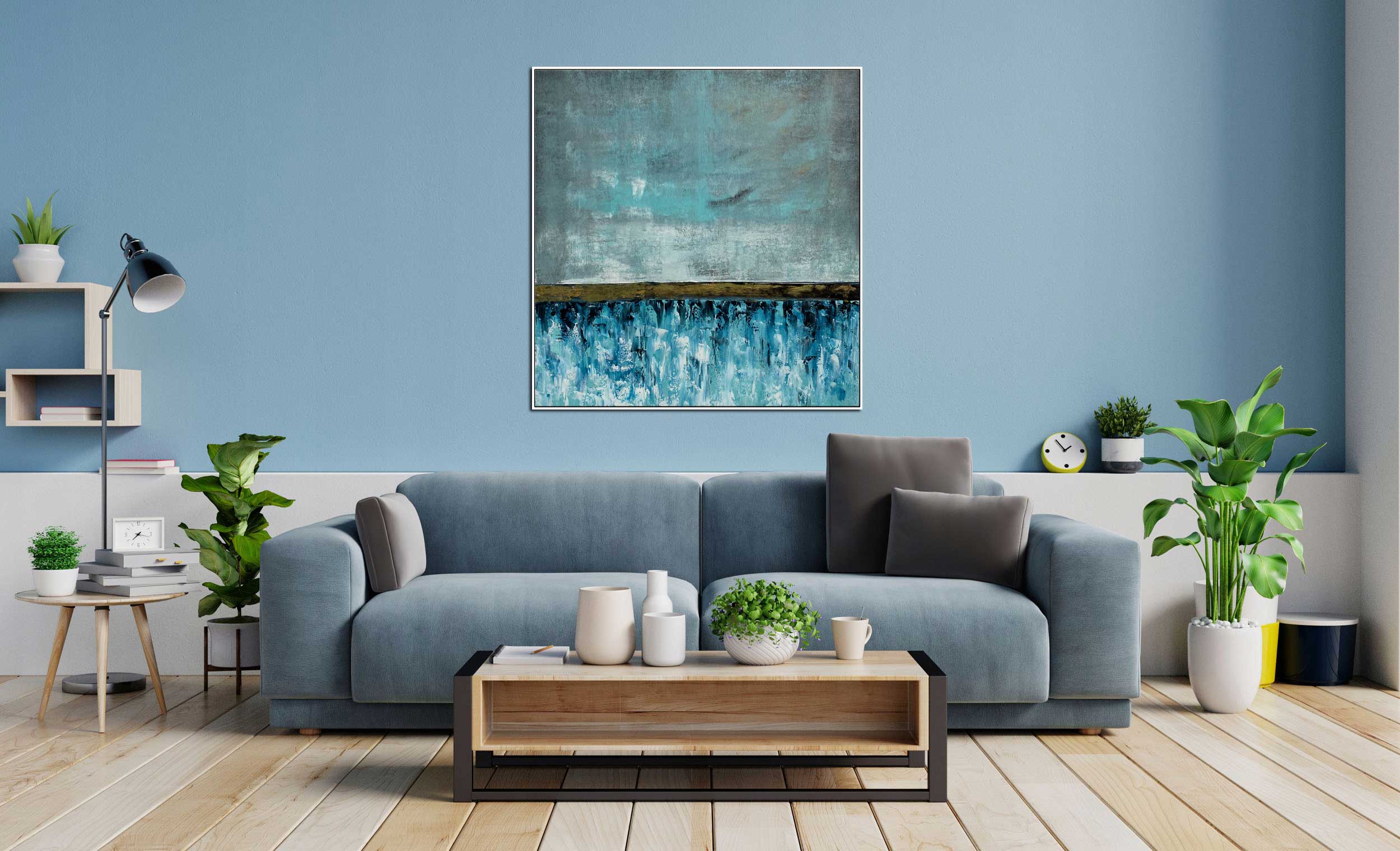 Cornflower Field 2 - Abstract art category - Blue sofa background - white frame style