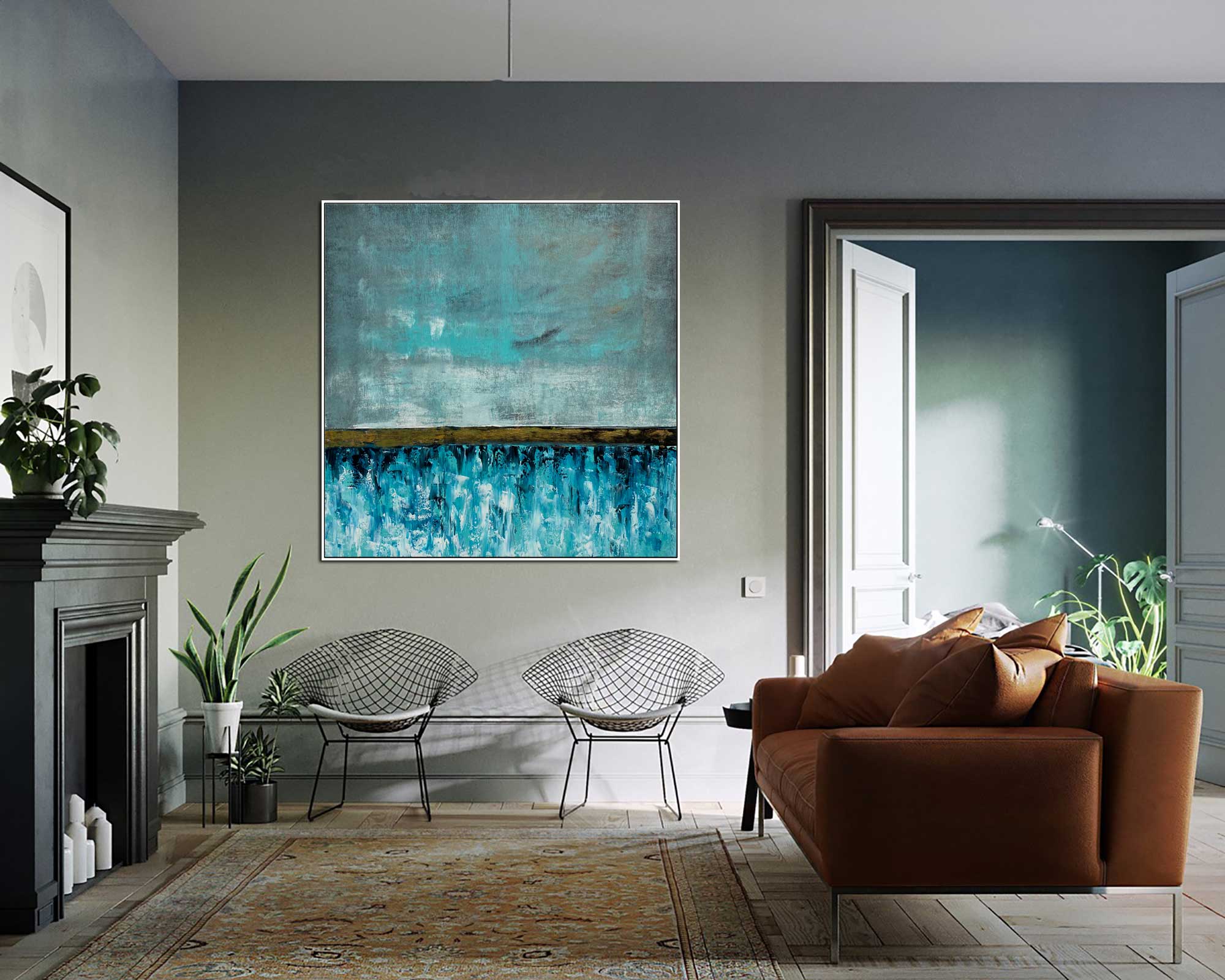 Cornflower Field 2 - Abstract art category - Modern brown sofa background - white frame style