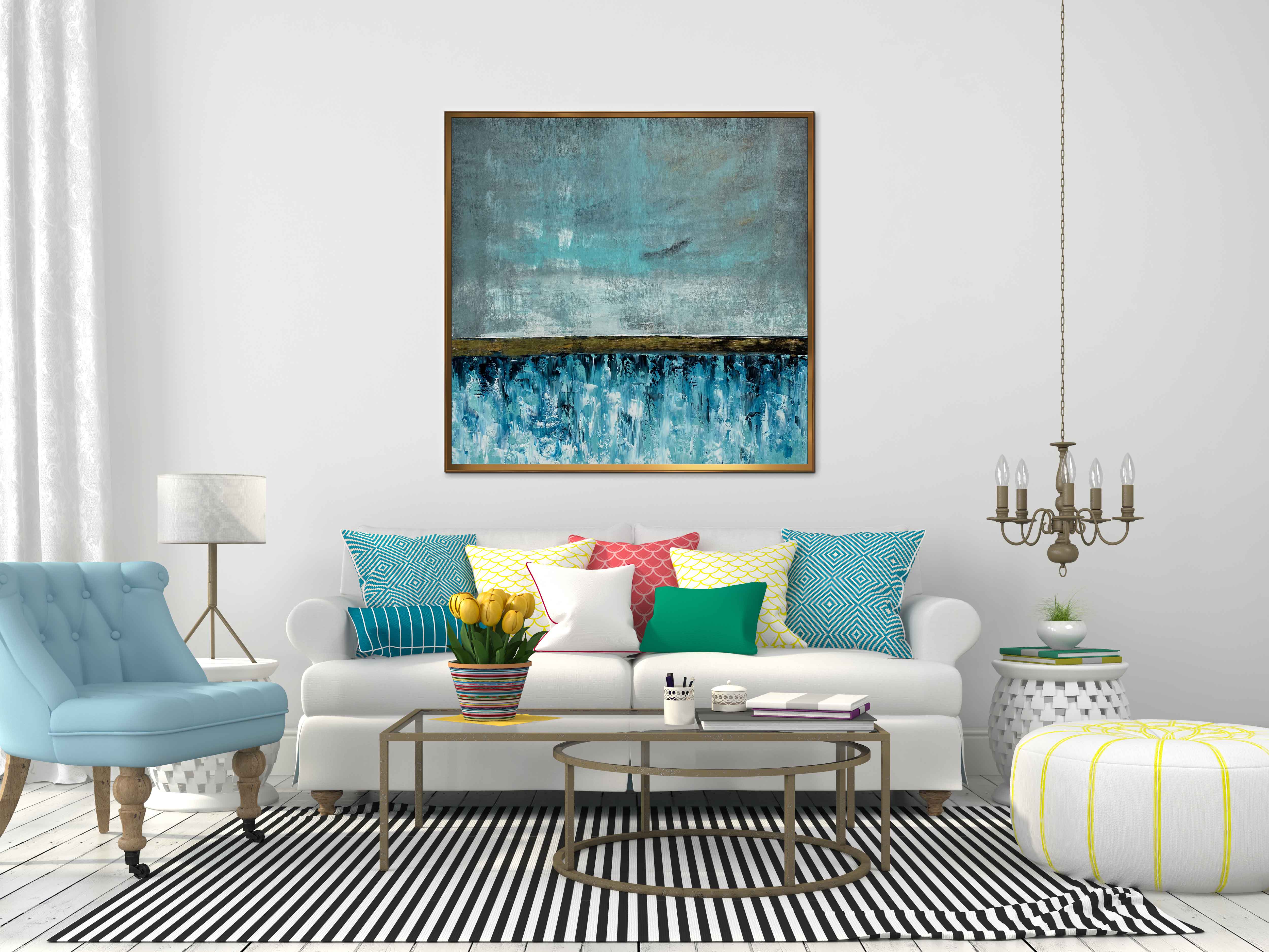 Cornflower Field 2 - Abstract art category - White sofa background - Golden frame style
