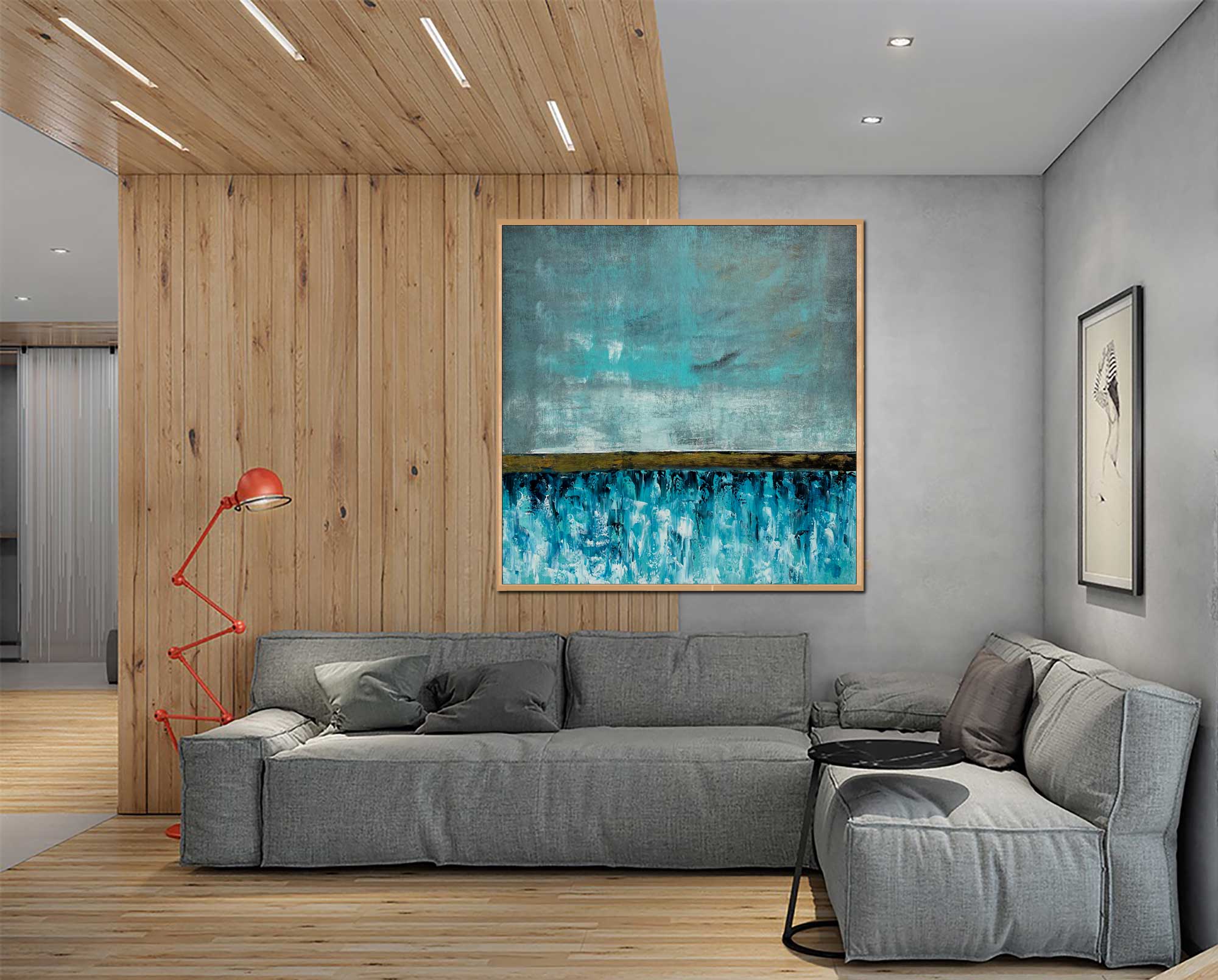 Cornflower Field 2 - Abstract art category - wooden floor and ceiling panel grey sofa - wooden frame style
