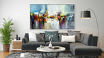 Dancing Colours 2 - Abstract art category - dark grey corner sofa living room background - white frame