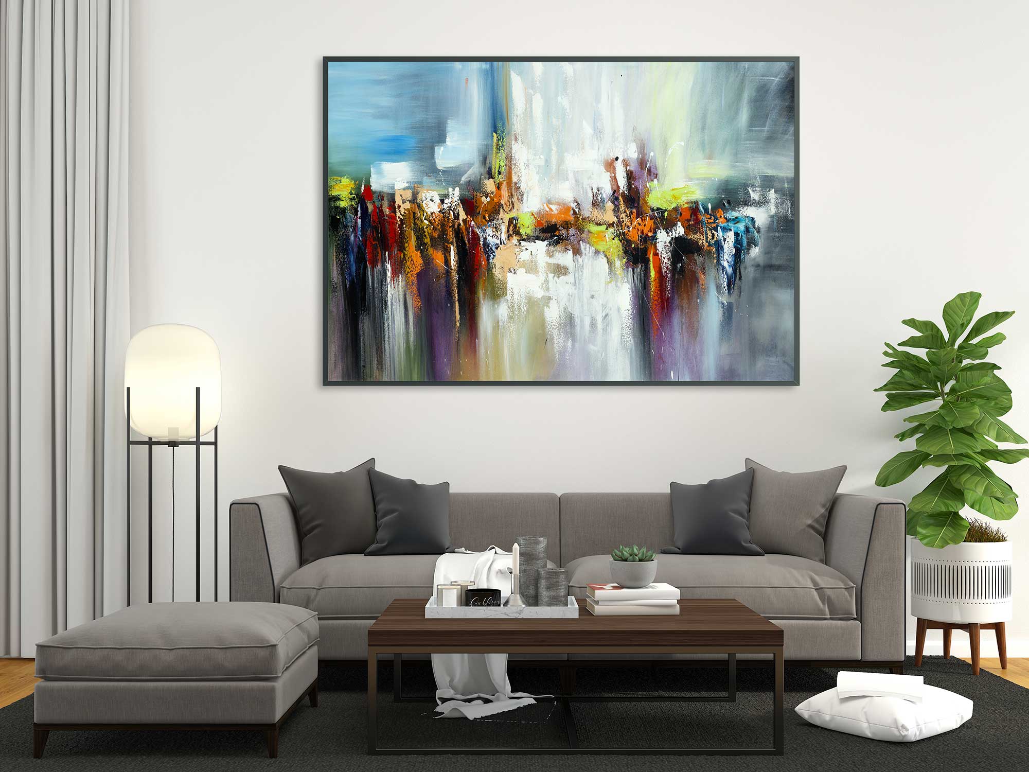 Dancing Colours 2 - Abstract art category - grey sofa - modern living room background - black frame