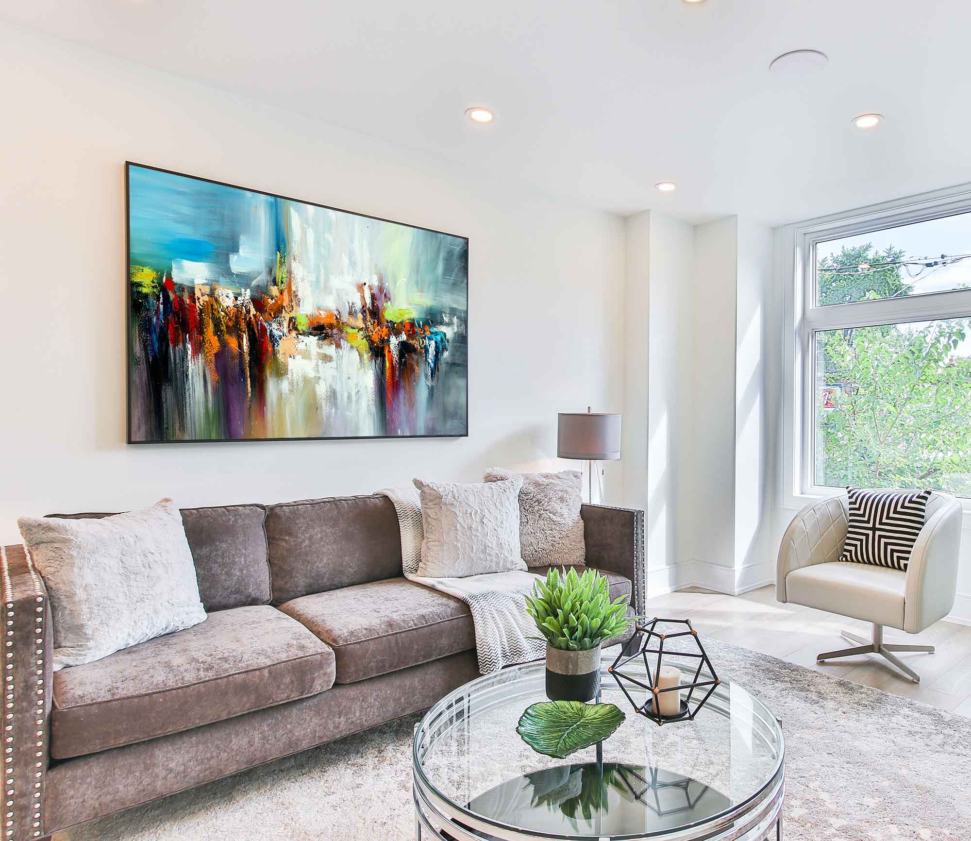 Dancing Colours 2 - Abstract art category - light brown sofa - living room side display - black frame