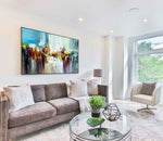 Dancing Colours 2 - Abstract art category - light brown sofa - living room side display - black frame