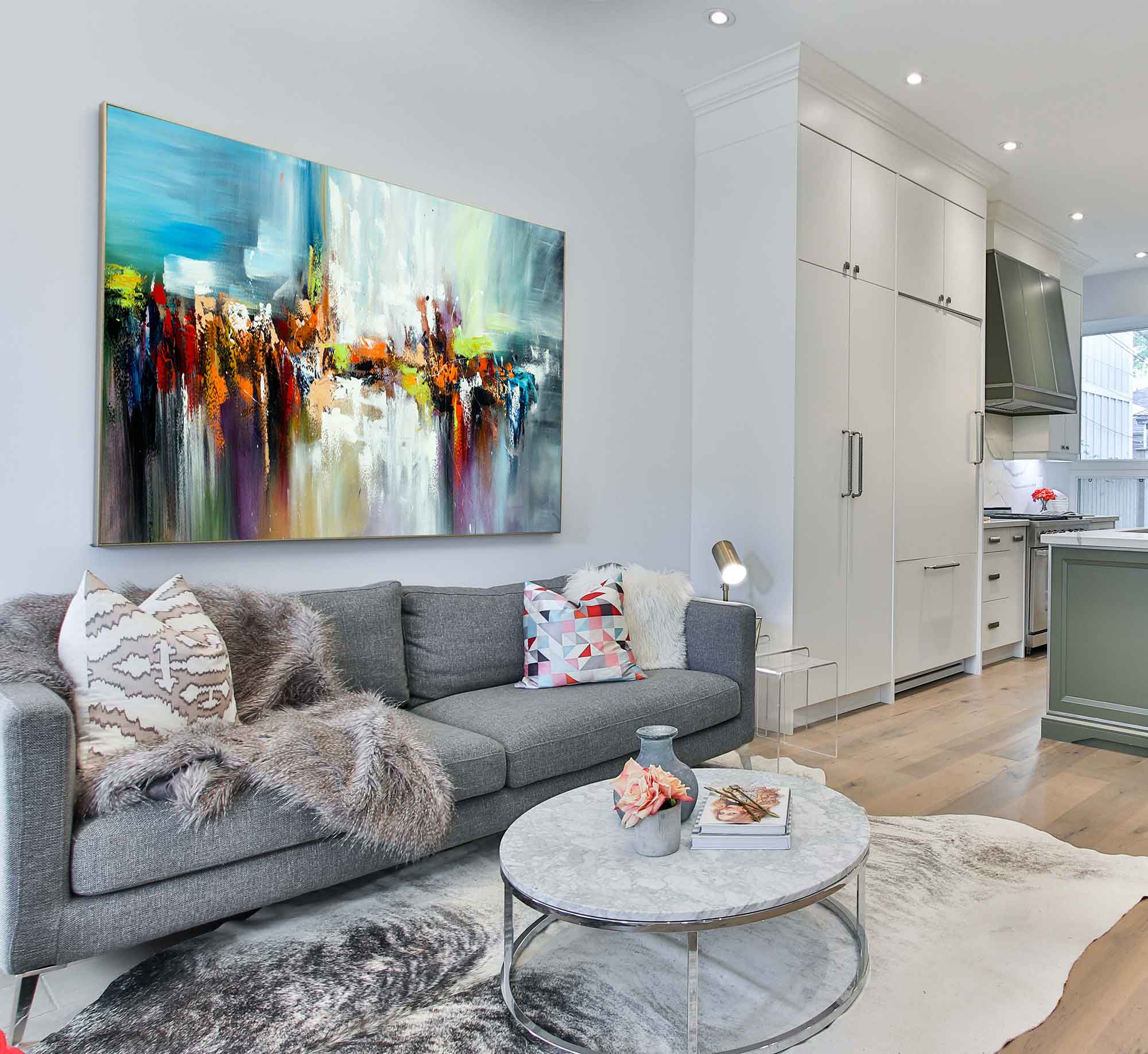 Dancing Colours 2 - Abstract art category - open plan living room side display - metallic frame