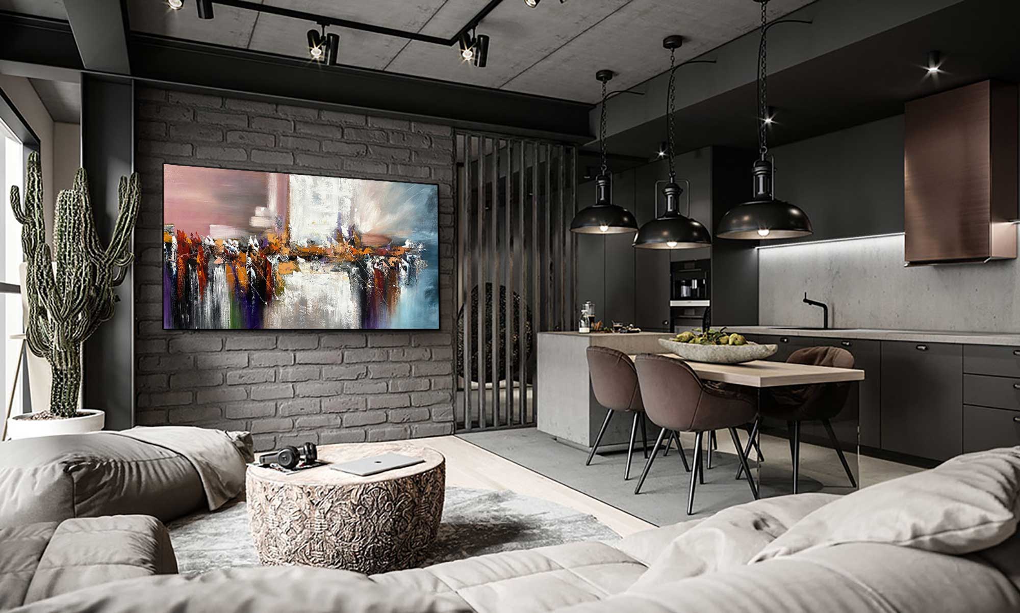 Dancing Colours 3 - Abstract art category - beige sofa brick wall living room background - black frame style