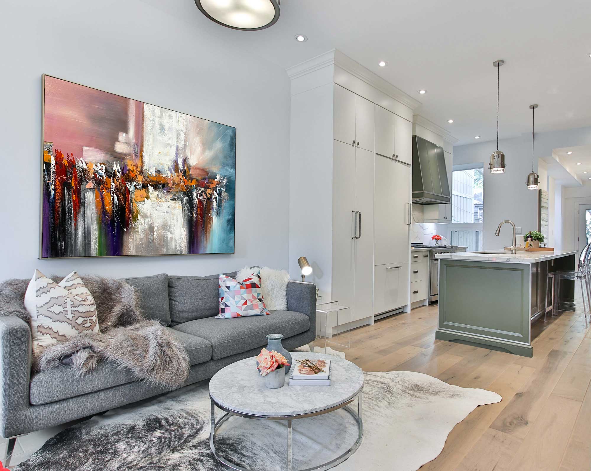 Dancing Colours 3 - Abstract art category - grey sofa living room background - floating frame style