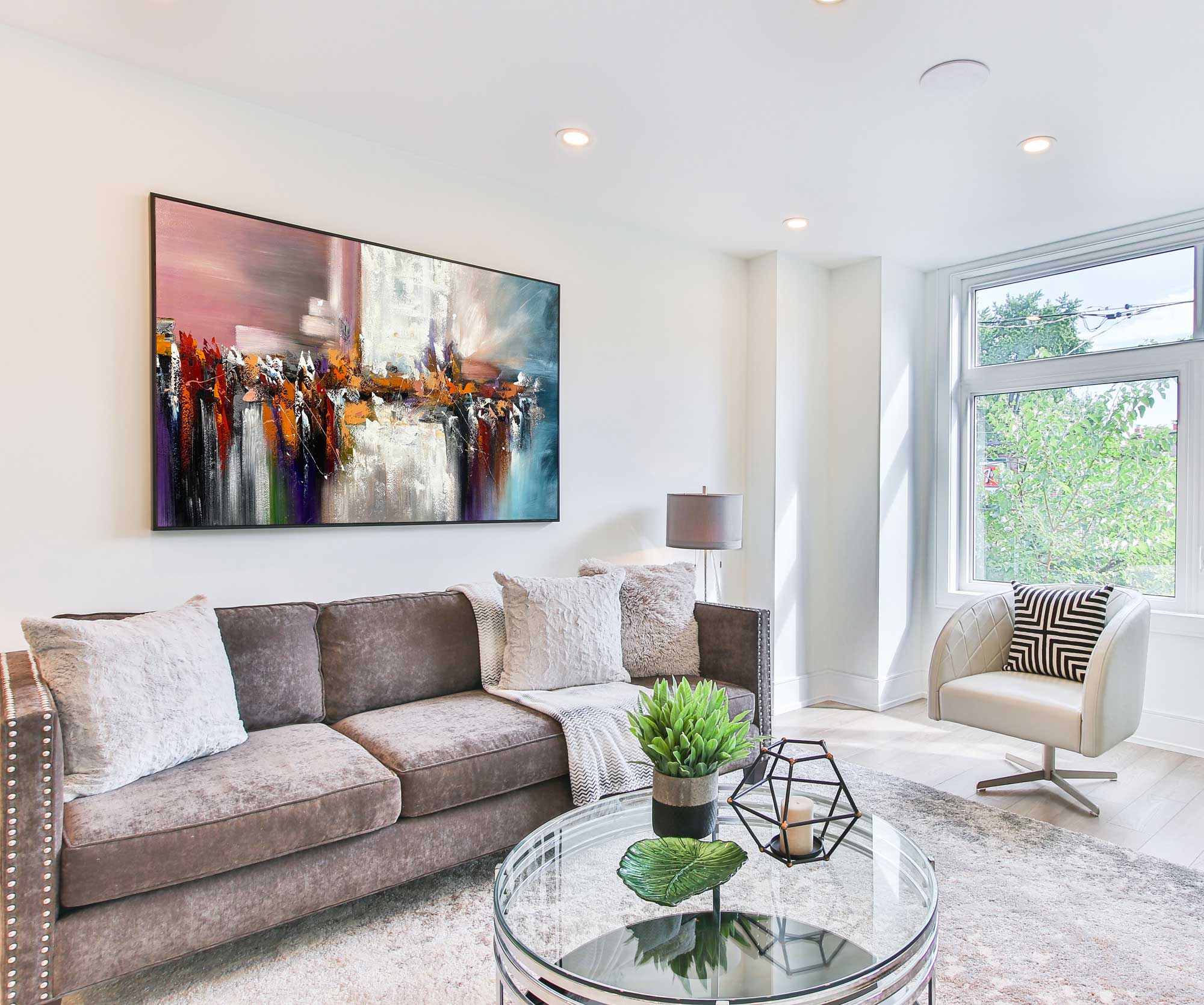 Dancing Colours 3 - Abstract art category - white wall background - living room display - black frame style