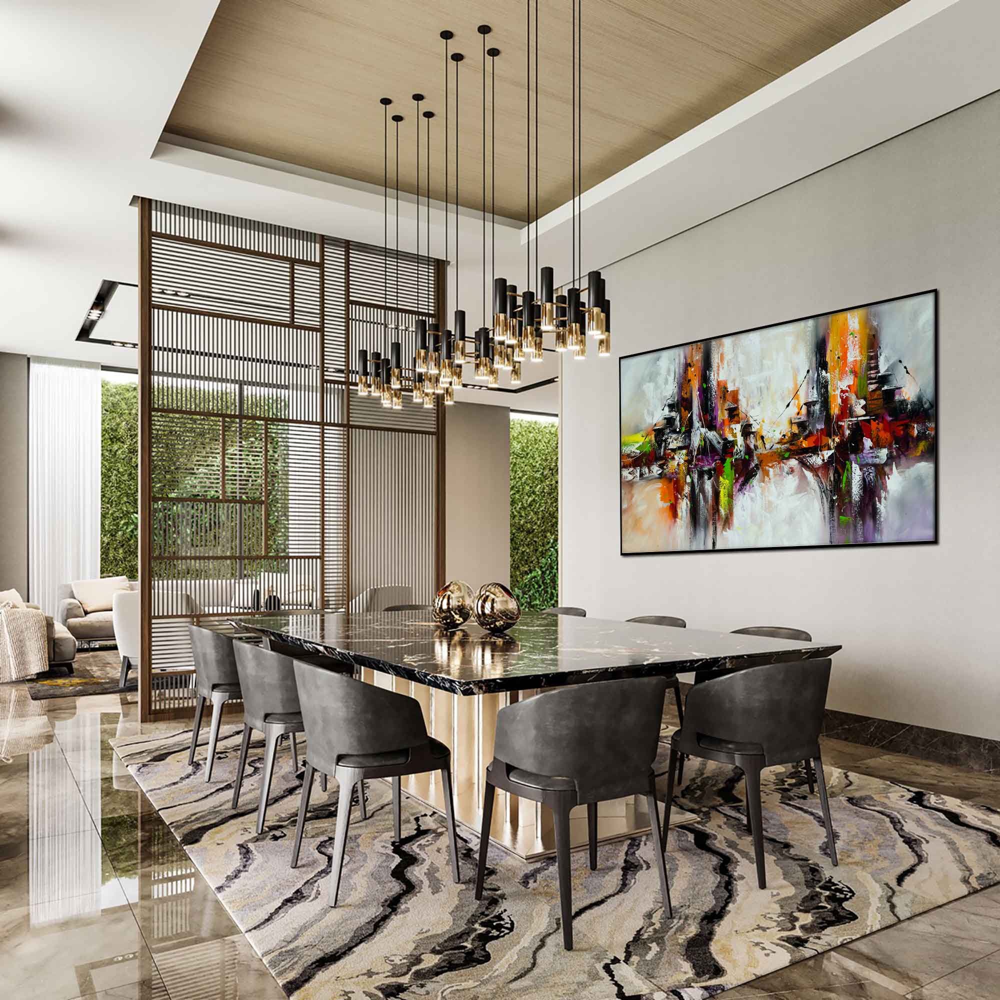 Dancing Duo - Abstract art category - modern dining room side display - black frame style