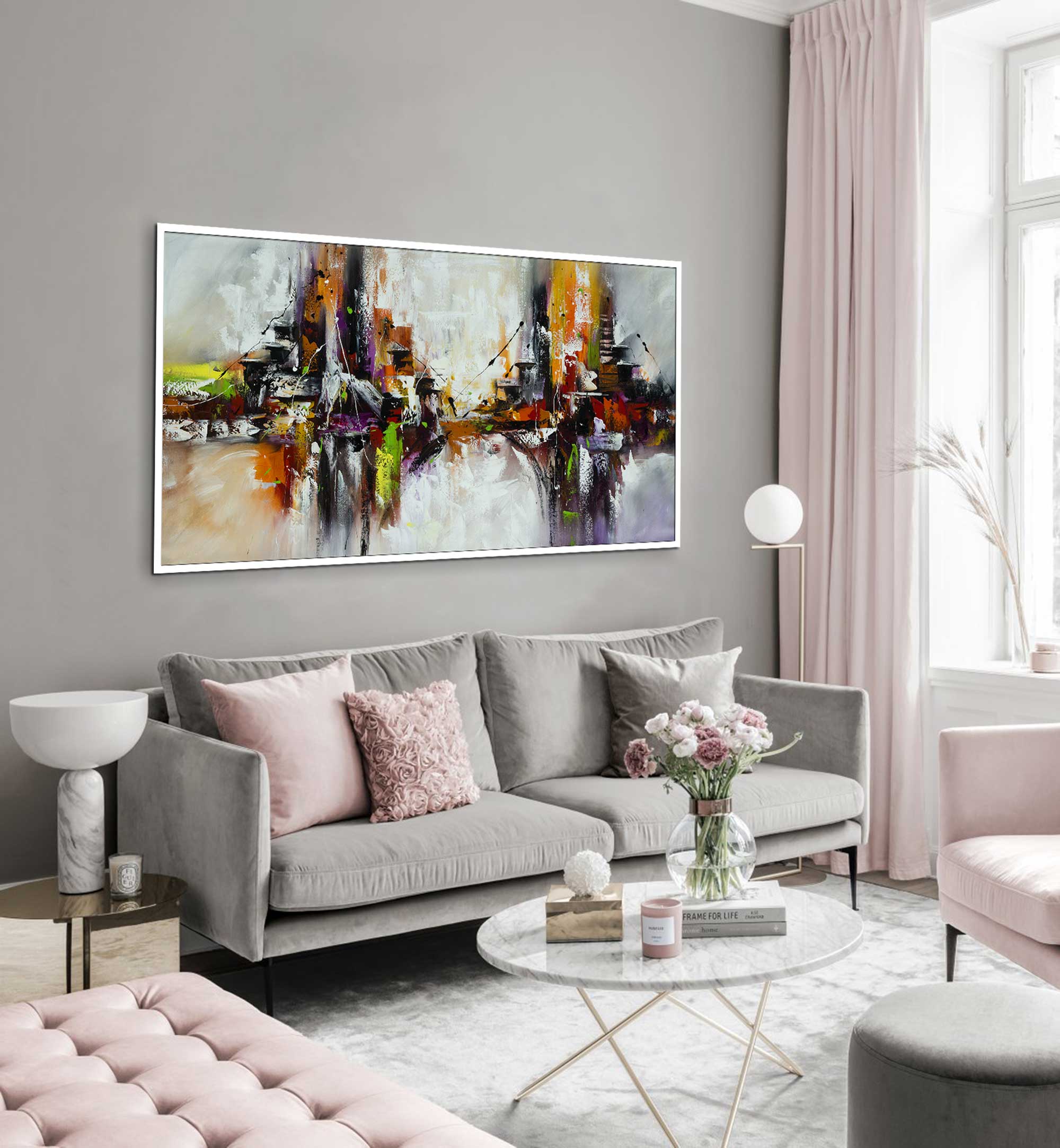 Dancing Duo - Abstract art category - modern living room grey wall display - white frame style