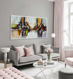 Dancing Duo - Abstract art category - modern living room grey wall display - white frame style