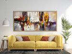 Dancing Together - Abstract art category - yellow sofa - living room background - wooden frame