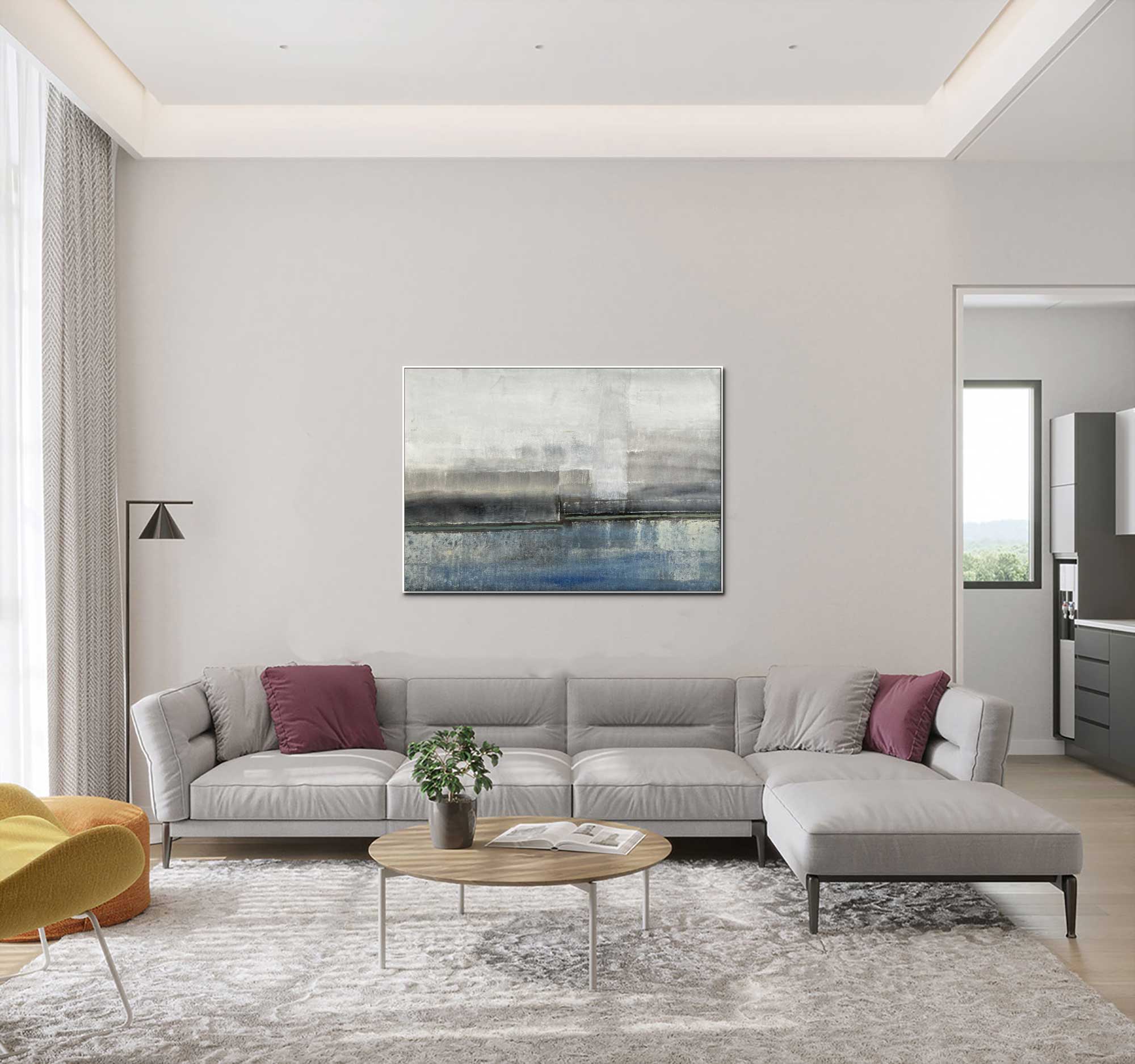 Foggy Day - Abstract art category - grey modern sofa living room background - white silver frame style