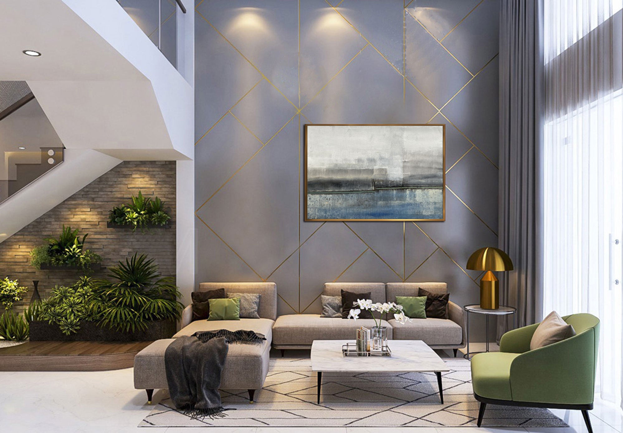 Foggy Day - Abstract art category - large wall background - golden frame style