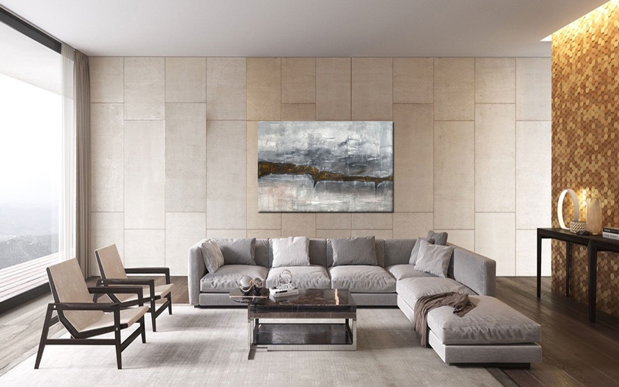 Gold River - Abstract art category - grey modern sofa large living room background - gallery wrap style