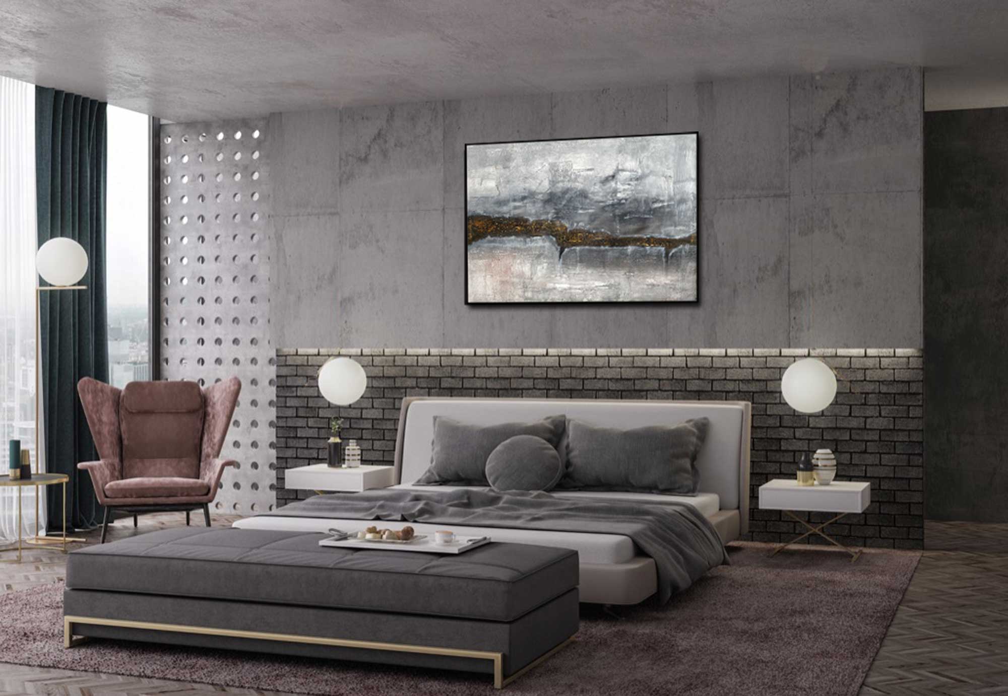 Gold River - Abstract art category - modern bedroom background - black frame style