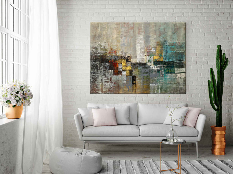 Happiness - Abstract art category - light grey sofa brick wall display - gallery wrap style