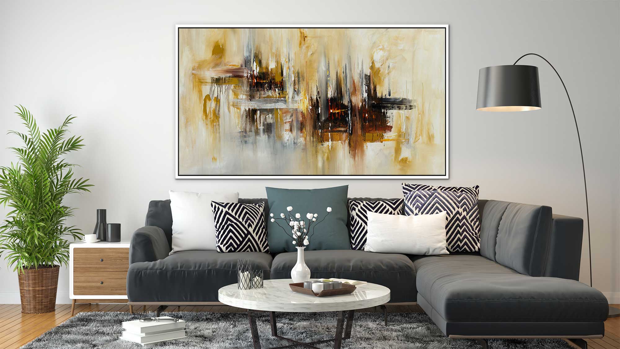 Harmony - Abstract art category - dark grey corner sofa living room background - white floating frame