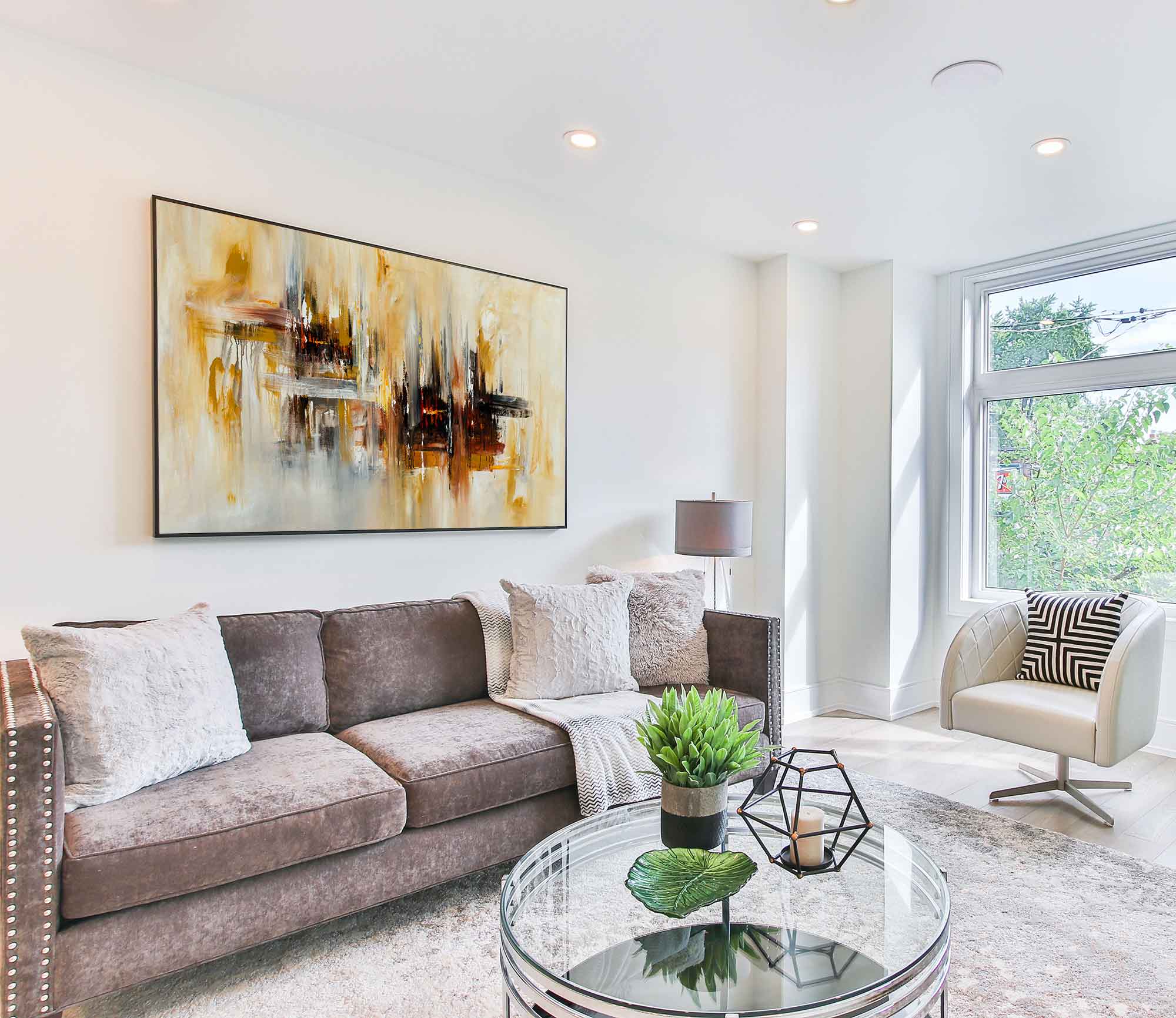 Harmony - Abstract art category - light brown sofa - living room side display - black frame