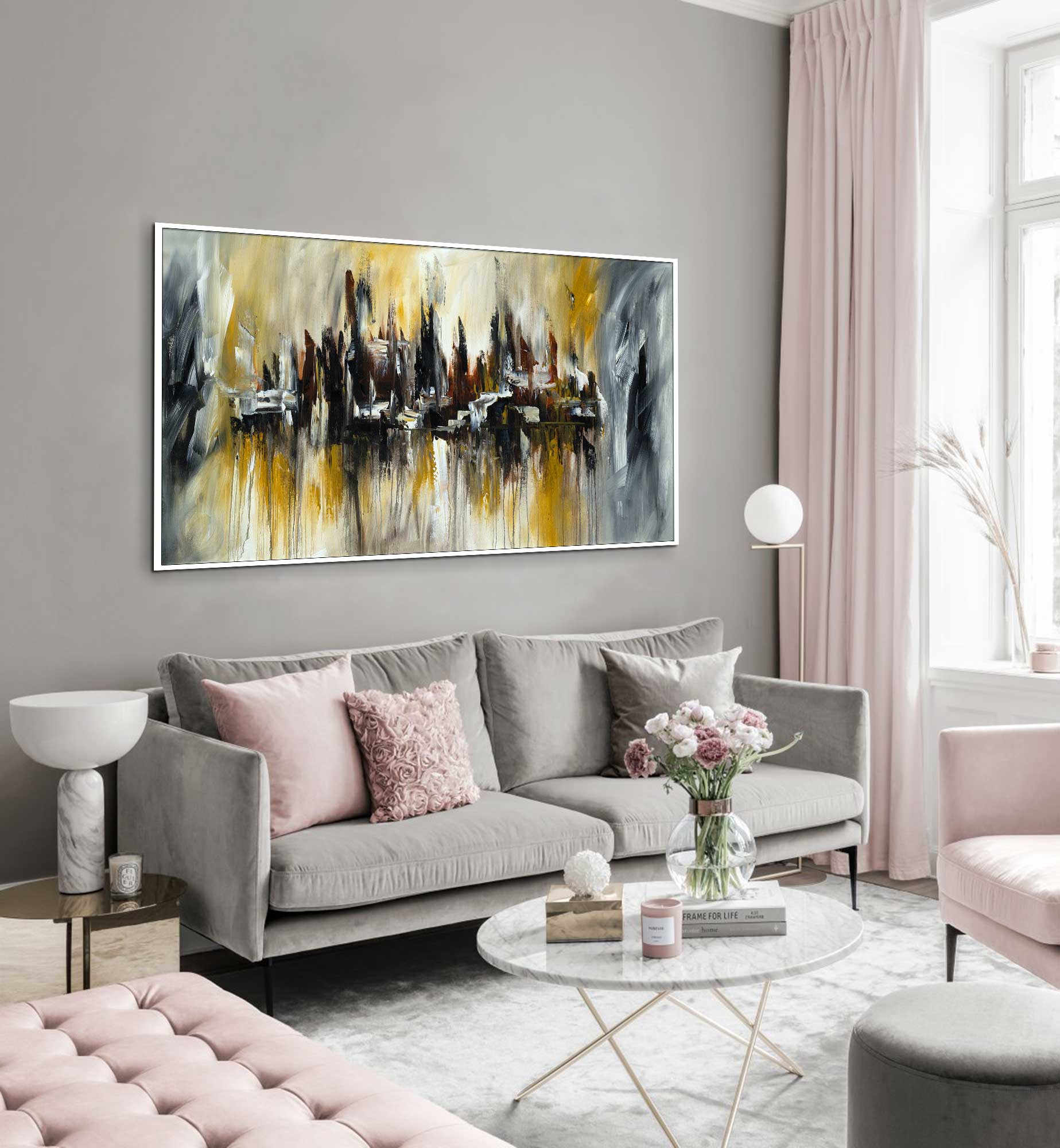 Hazy Downtown - Cityscape art category - Grey sofa - grey wall background - white frame style
