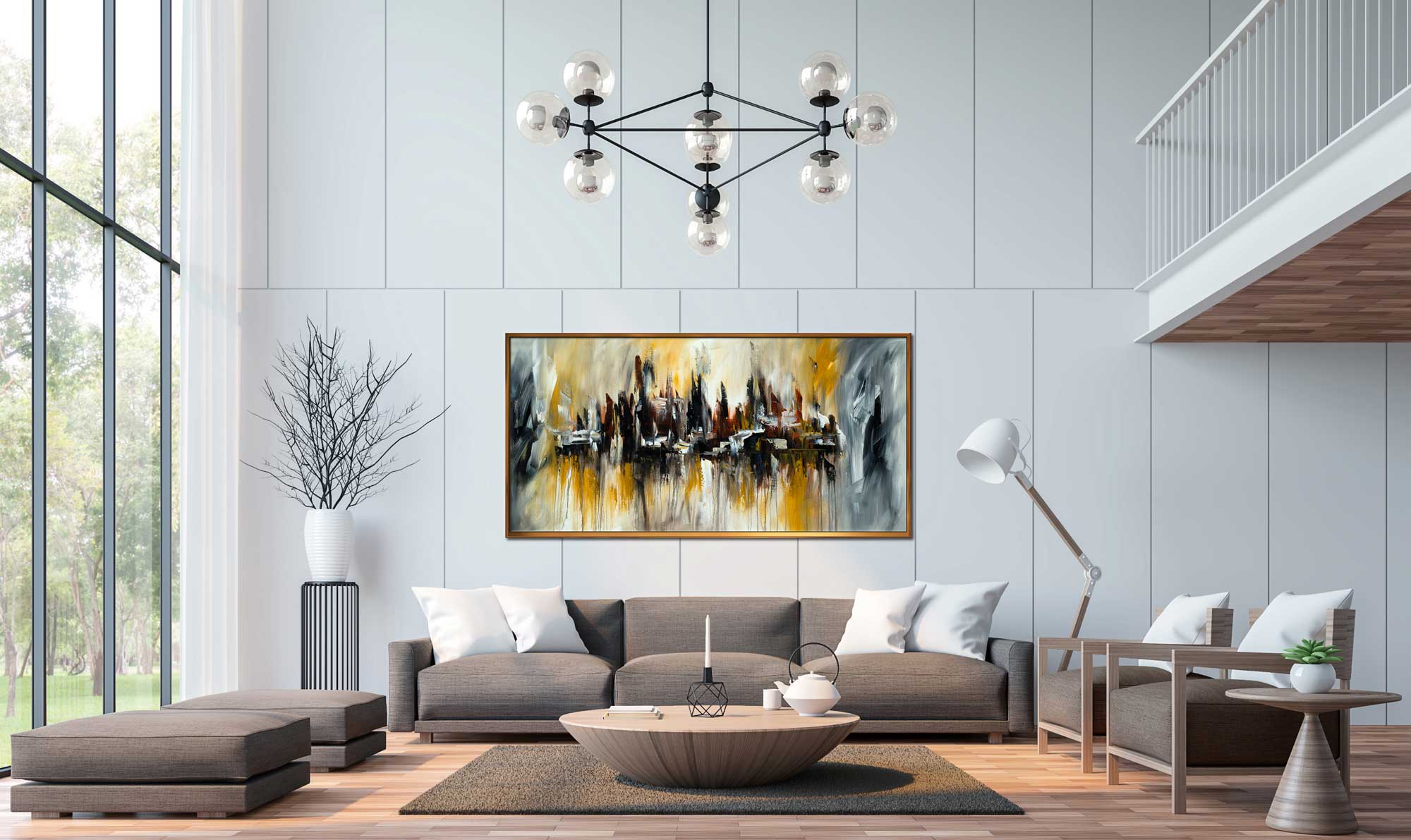 Hazy Downtown - Cityscape art category - large wall background - golden frame style