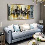 Hazy Downtown - Cityscape art category - light blue sofa side wall background - golden frame style