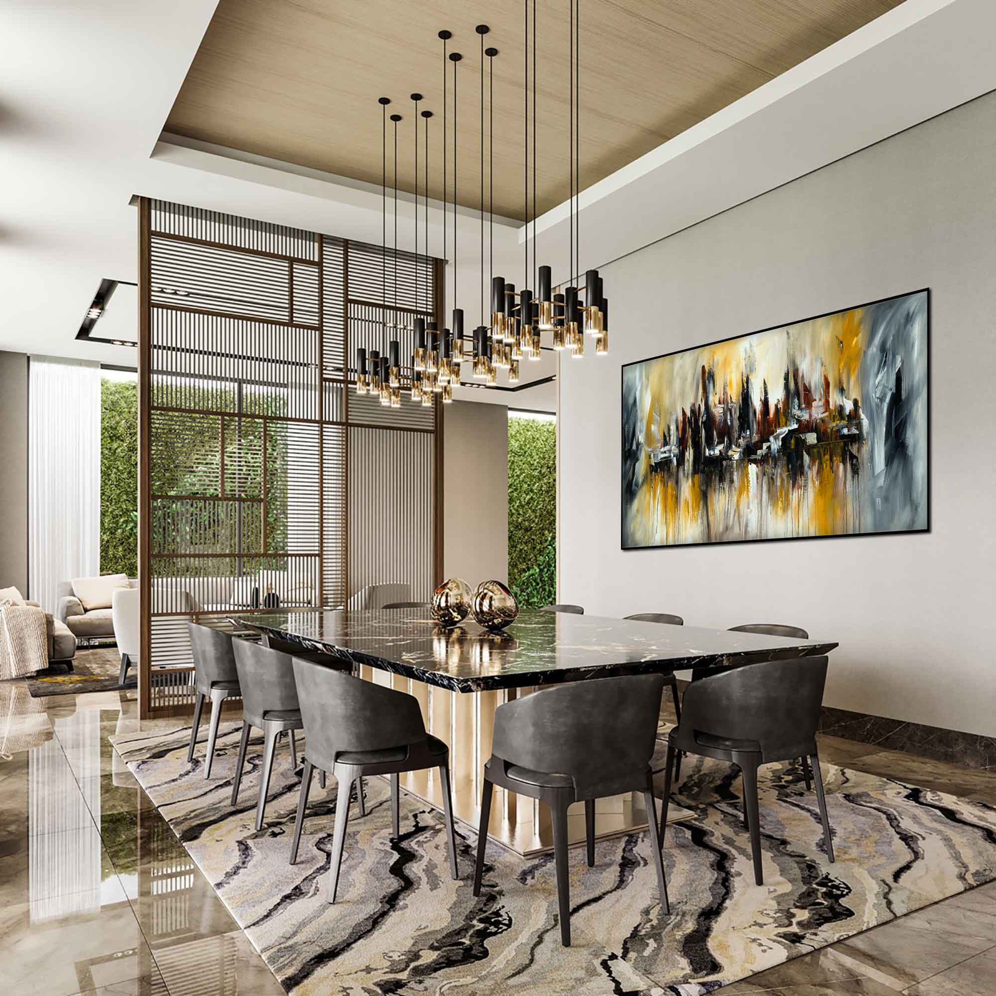 Hazy Downtown - Cityscape art category - modern dining room background - black frame style