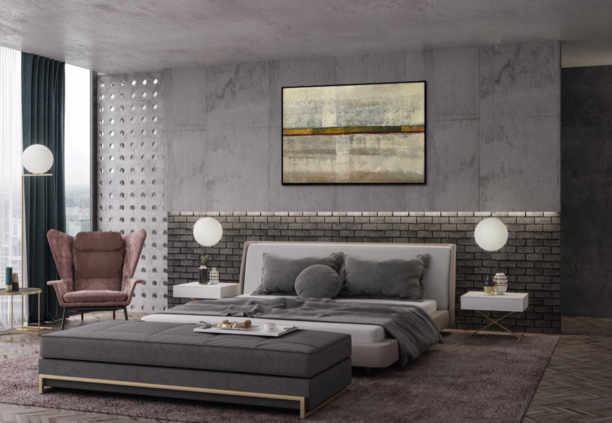 Hidden Treasure - Abstract art category - modern bedroom room side view display - black frame style