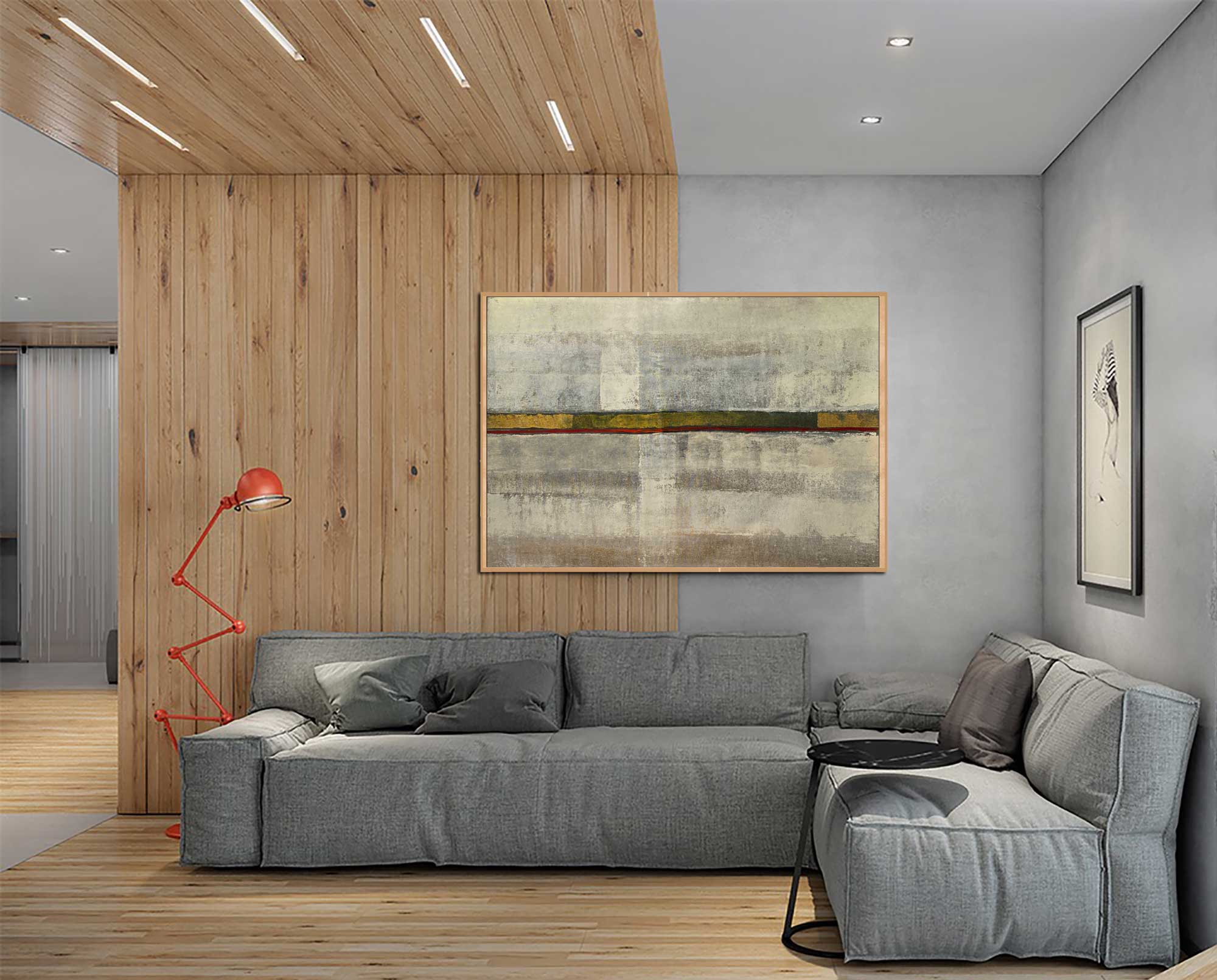 Hidden Treasure - Abstract art category - wooden floor and ceiling panel - grey sofa - wooden frame style