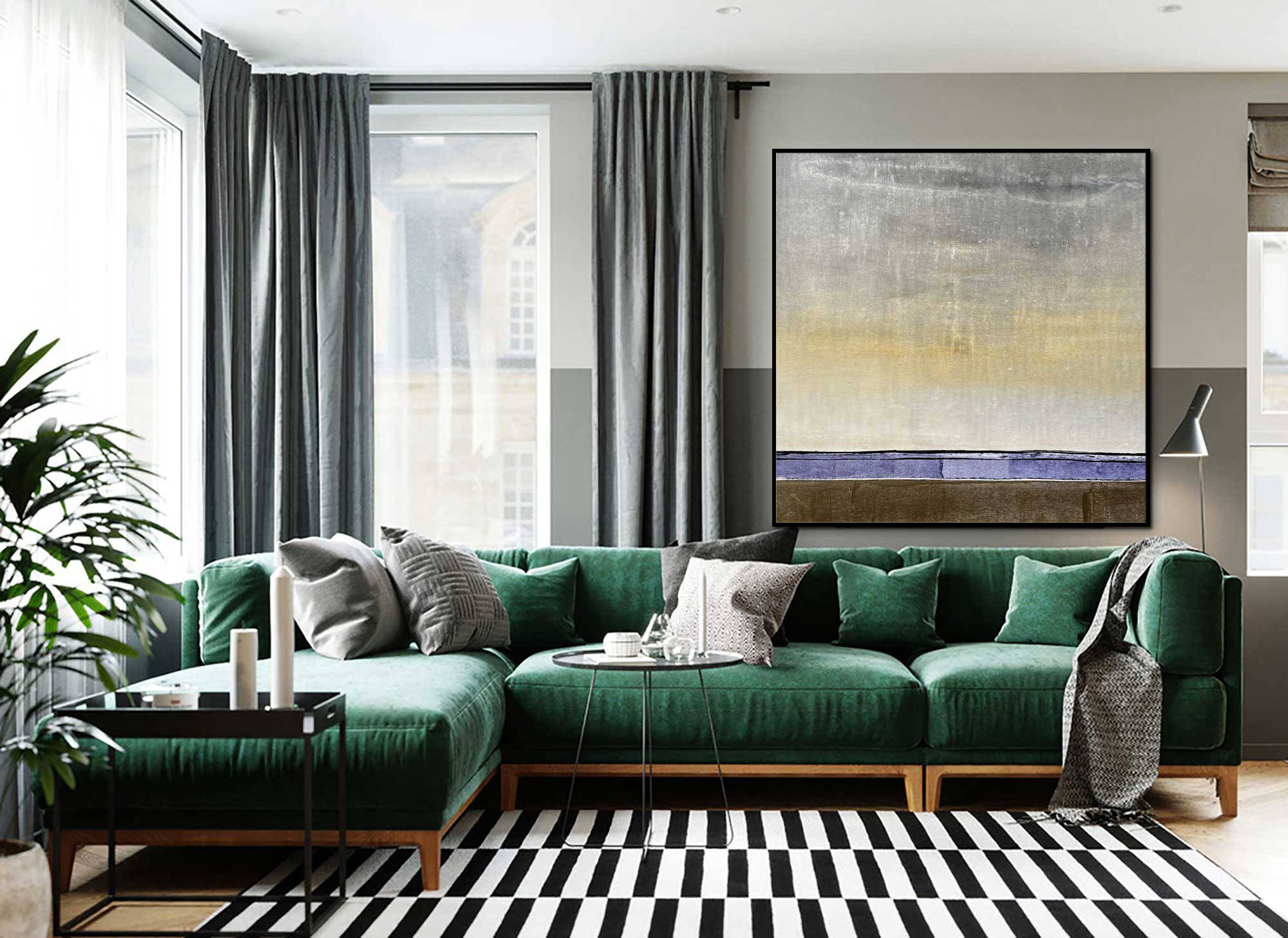 Lavender Field - Abstract art category - Green sofa background - black frame style