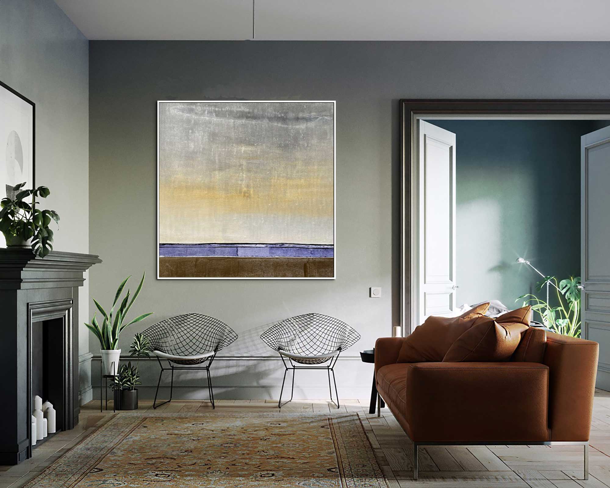 Lavender Field - Abstract art category - Modern brown sofa background - white frame style