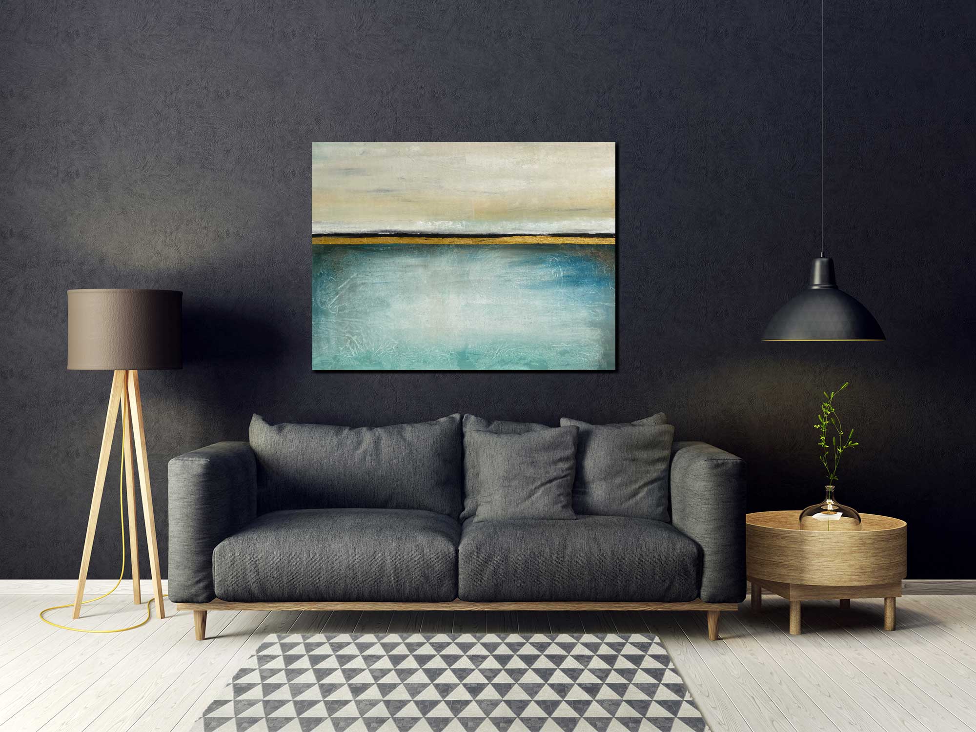 Oasis - Abstract art category - charcoal sofa living room background - gallery wrap frame style