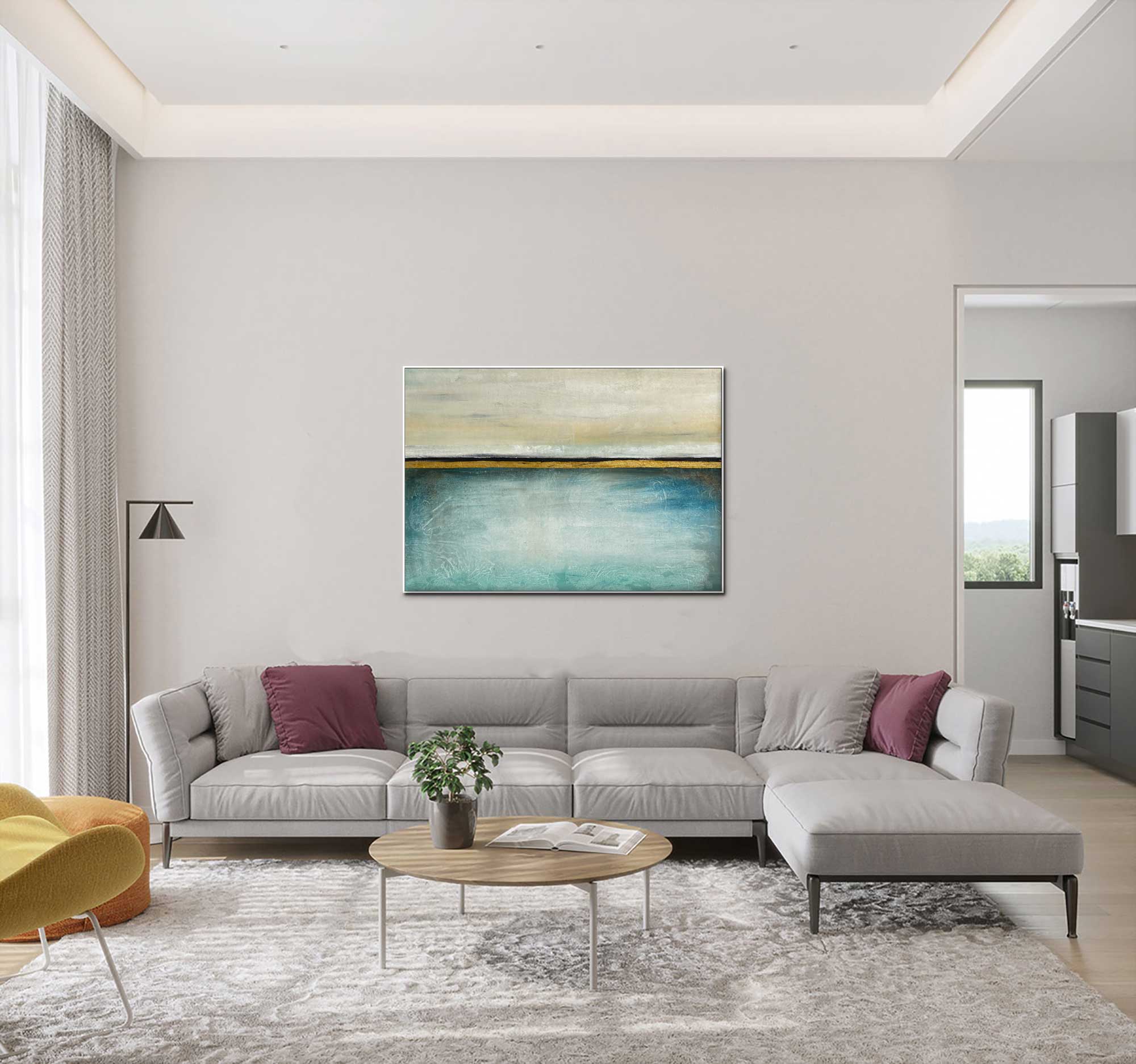 Oasis - Abstract art category - grey modern sofa living room background - white silver frame style