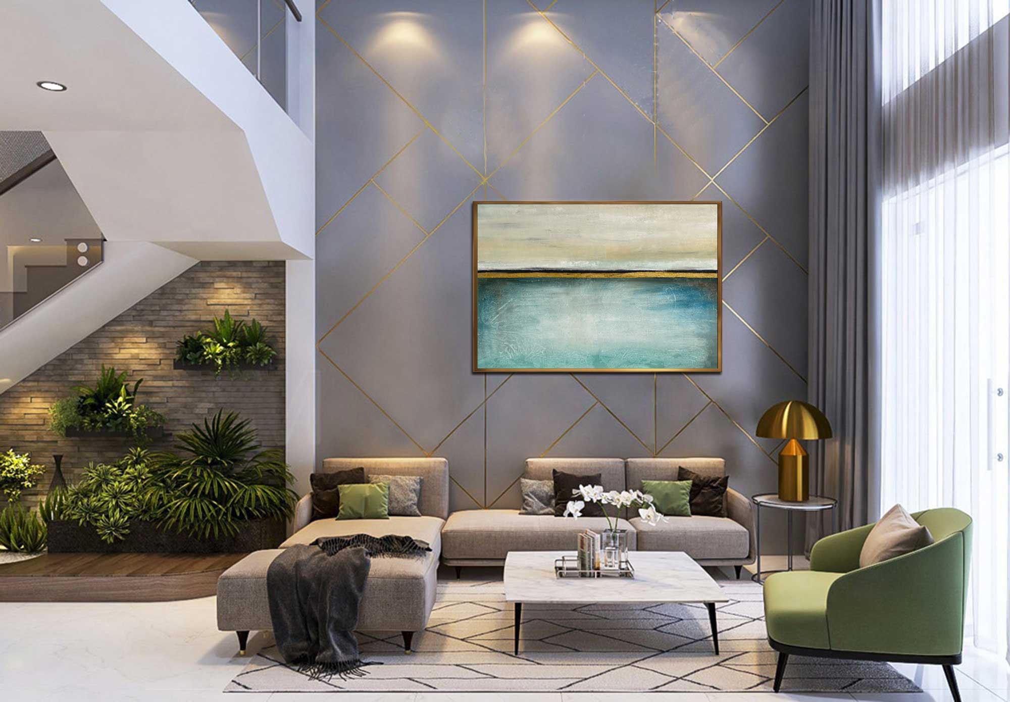 Oasis - Abstract art category - large wall grey green sofa background - golden frame style