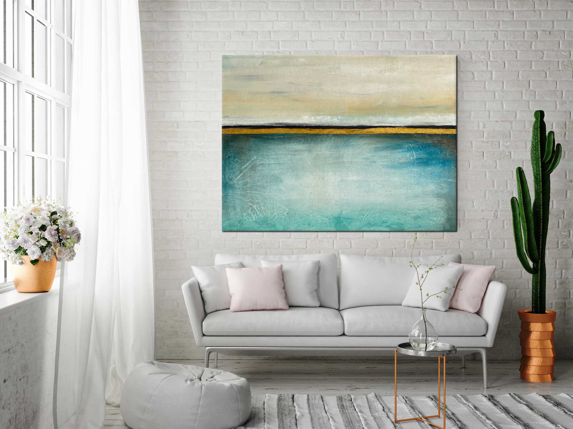 Oasis - Abstract art category - light grey sofa brick wall display - gallery wrap style