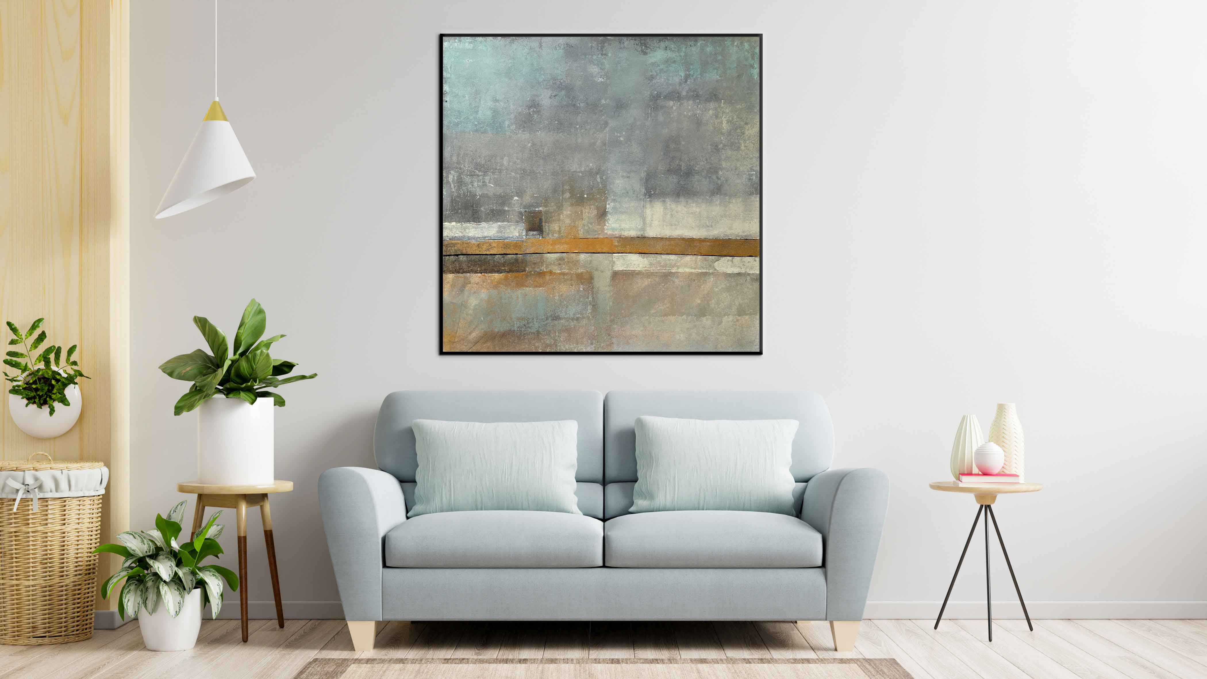 Quietness - Abstract art category - Light Blue sofa background - black frame style