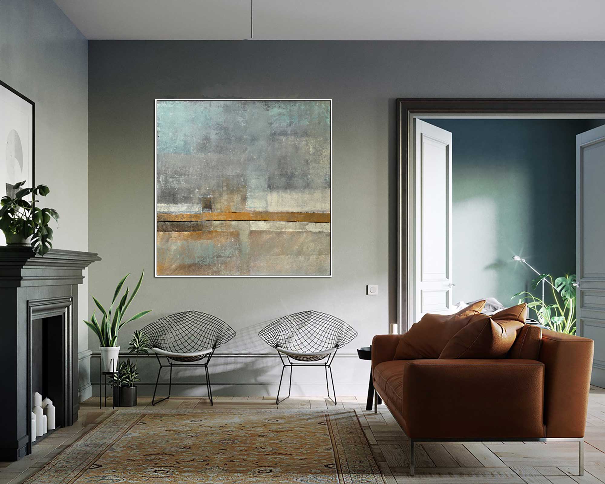 Quietness - Abstract art category - Modern brown sofa background - white frame style