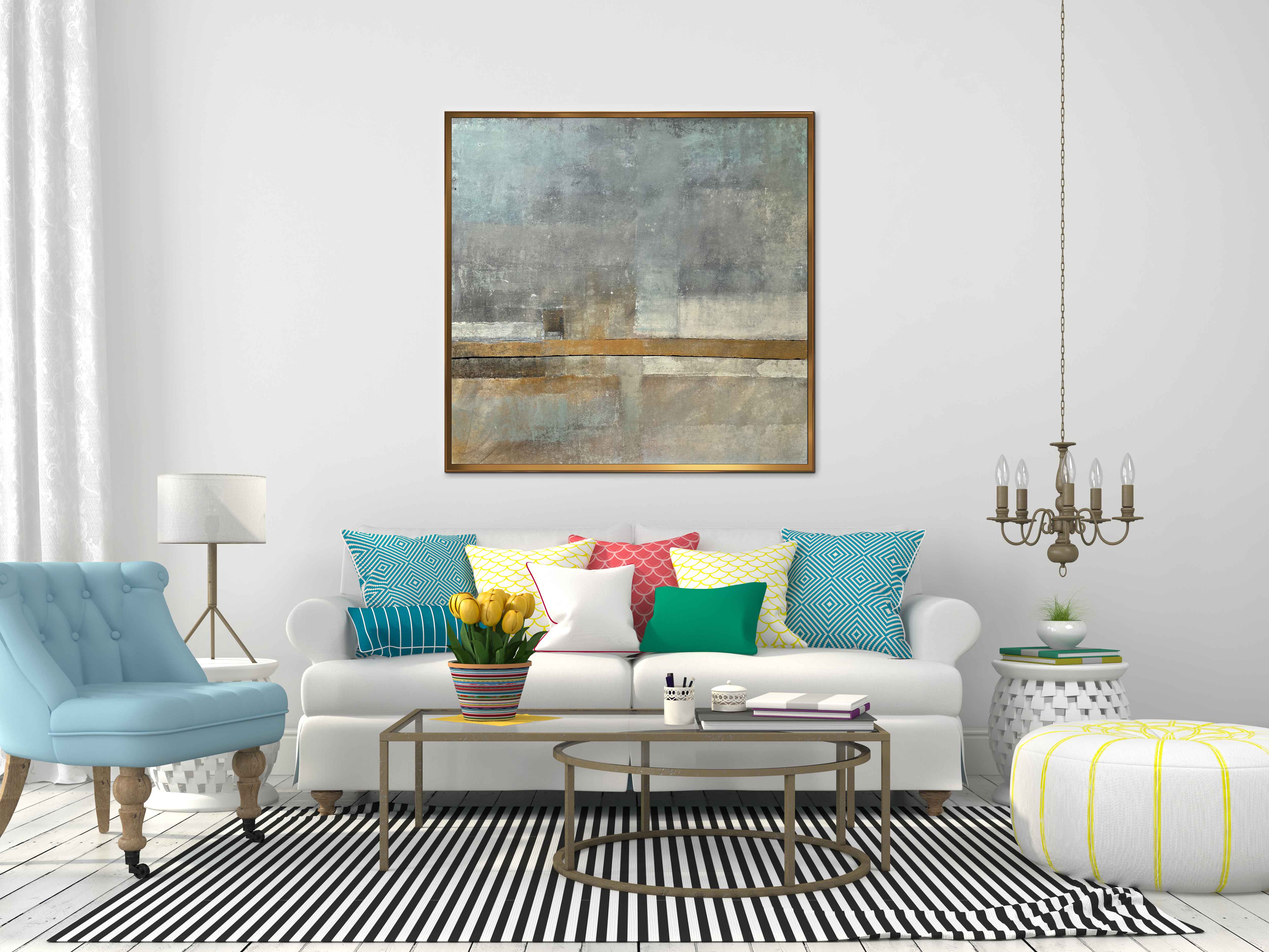 Quietness - Abstract art category - White sofa background - Golden frame style