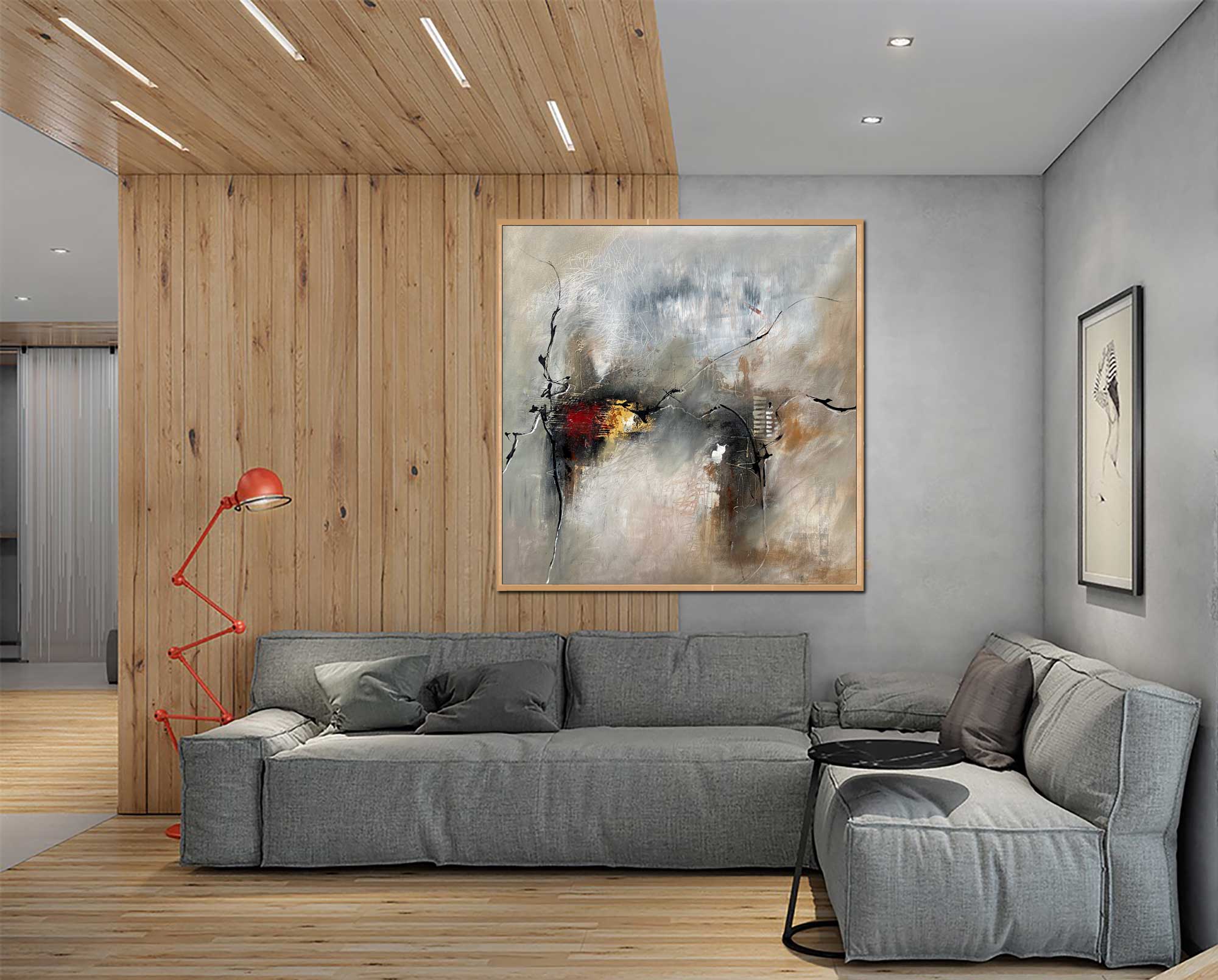 Revelation - Abstract art category - wooden floor and ceiling panel - grey sofa - wooden frame style