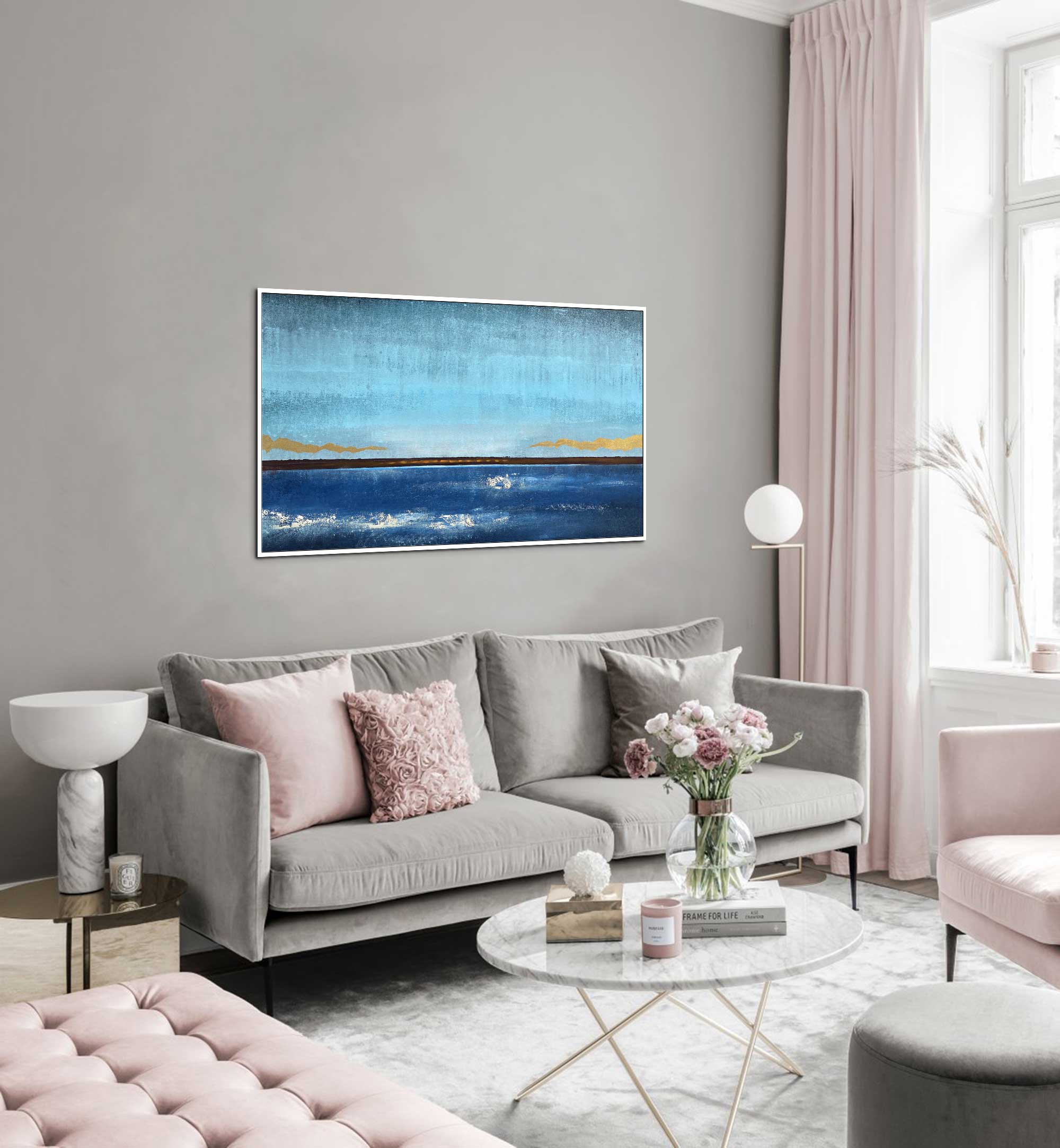 Sea Horizon - Seascape art category - grey sofa modern living room background - white frame