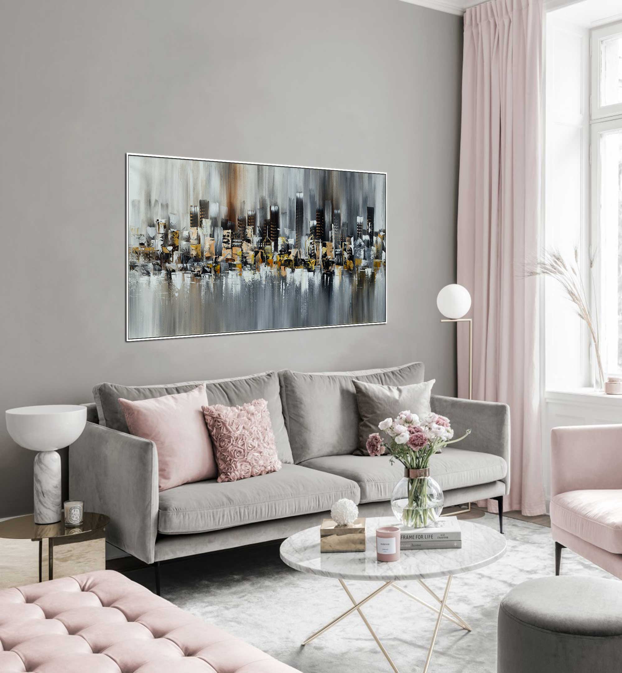 Skyscrapers at Night - Cityscape art category - Grey sofa - grey wall background - white frame style