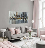 Skyscrapers at Night - Cityscape art category - Grey sofa - grey wall background - white frame style