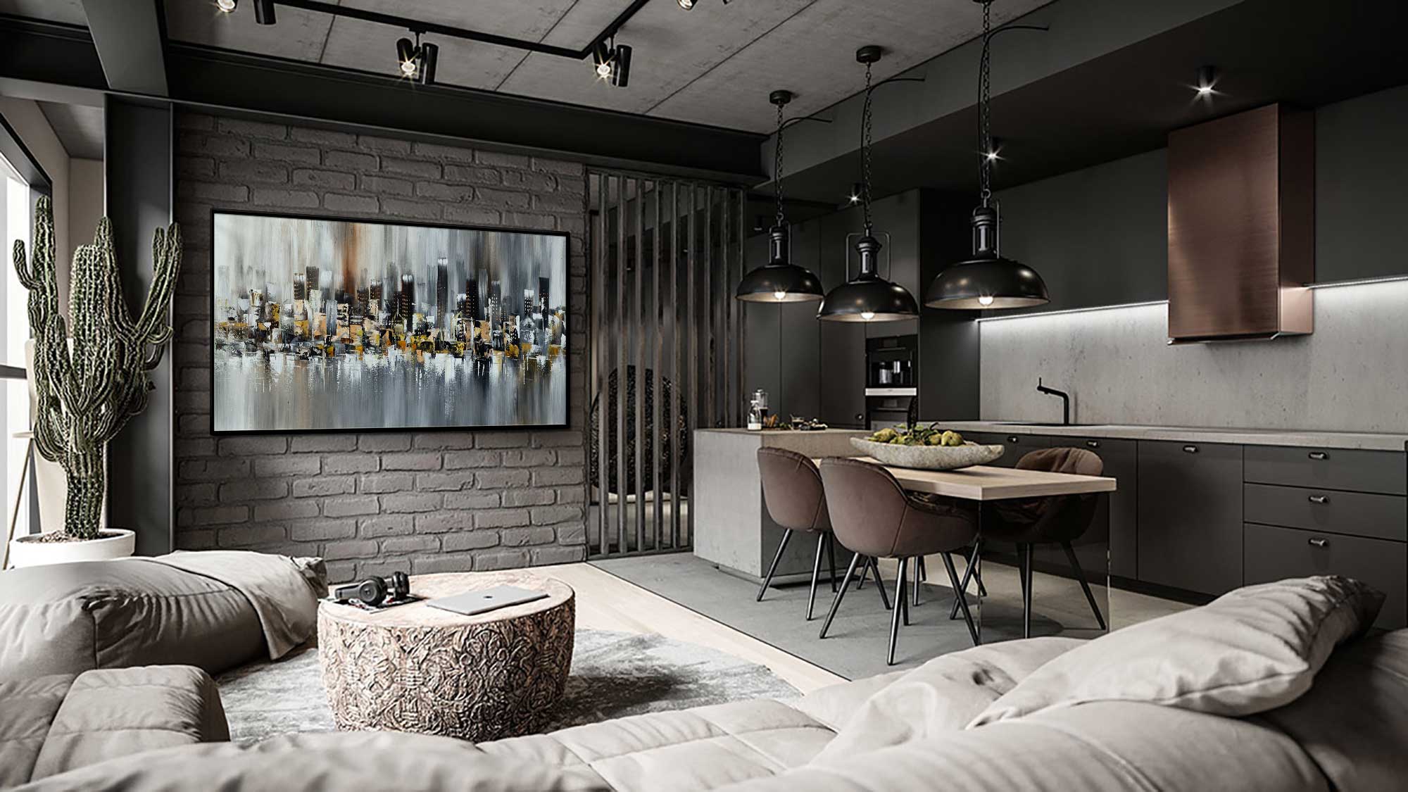 Skyscrapers at Night - Cityscape art category - coffee table brick wall background - black frame style