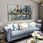 Skyscrapers at Night - Cityscape art category - light blue sofa side wall background - golden frame style