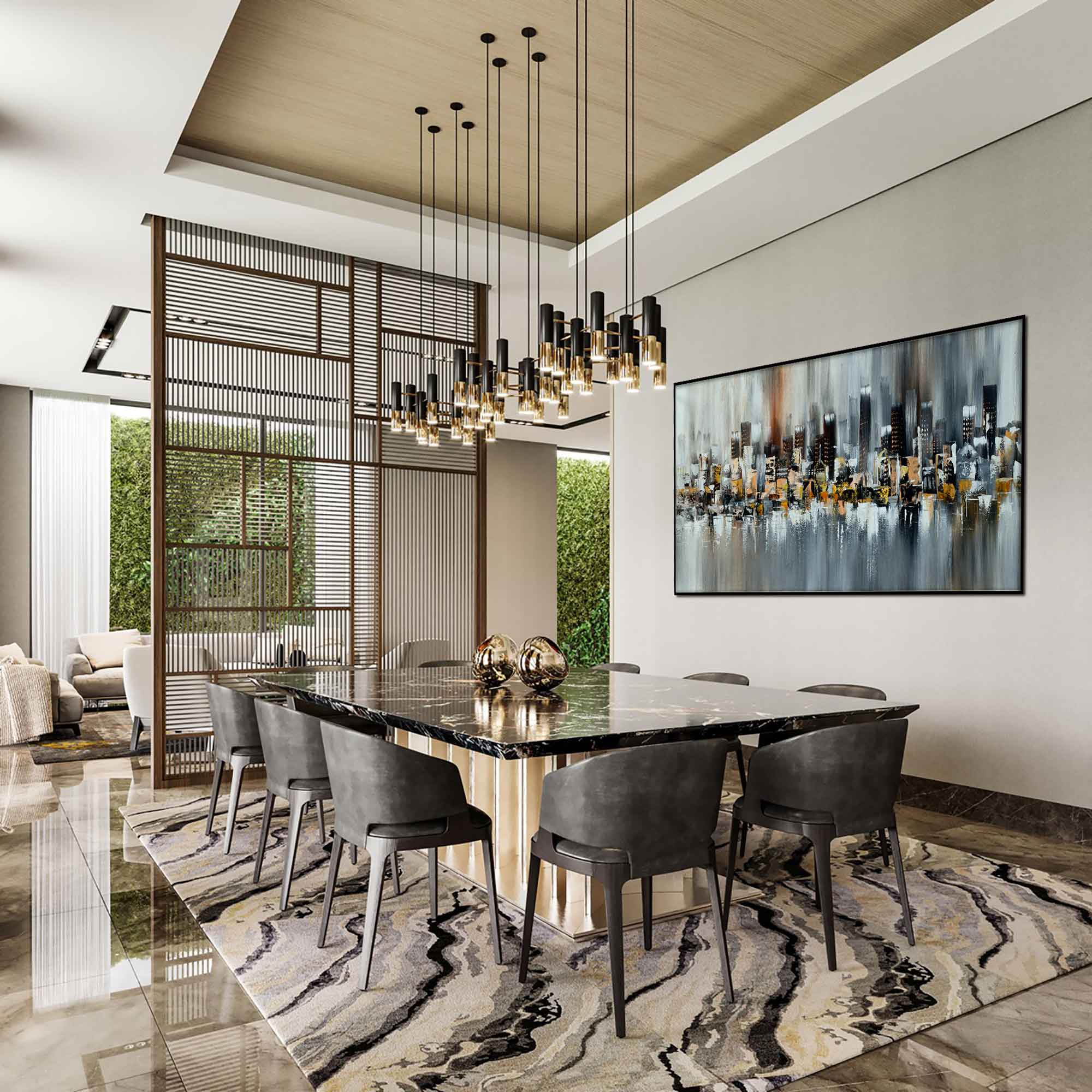 Skyscrapers at Night - Cityscape art category - modern dining room background - black frame style