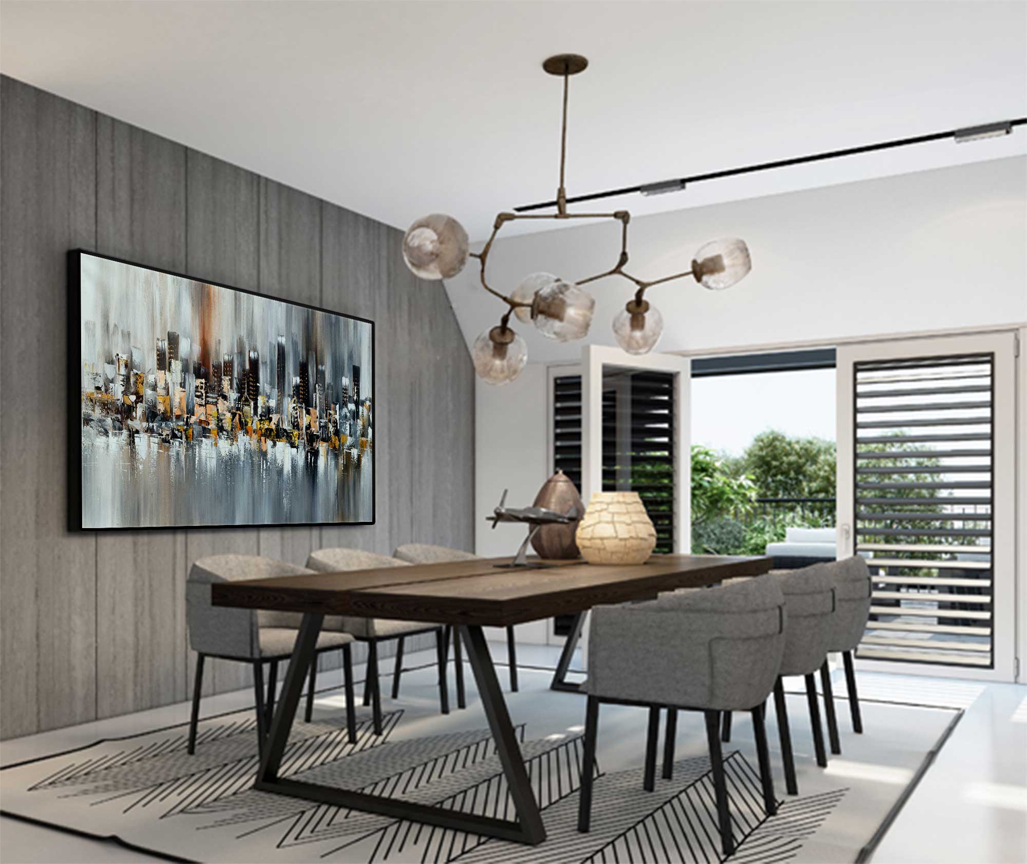 Skyscrapers at Night - Cityscape art category - modern dining room side display - black frame style