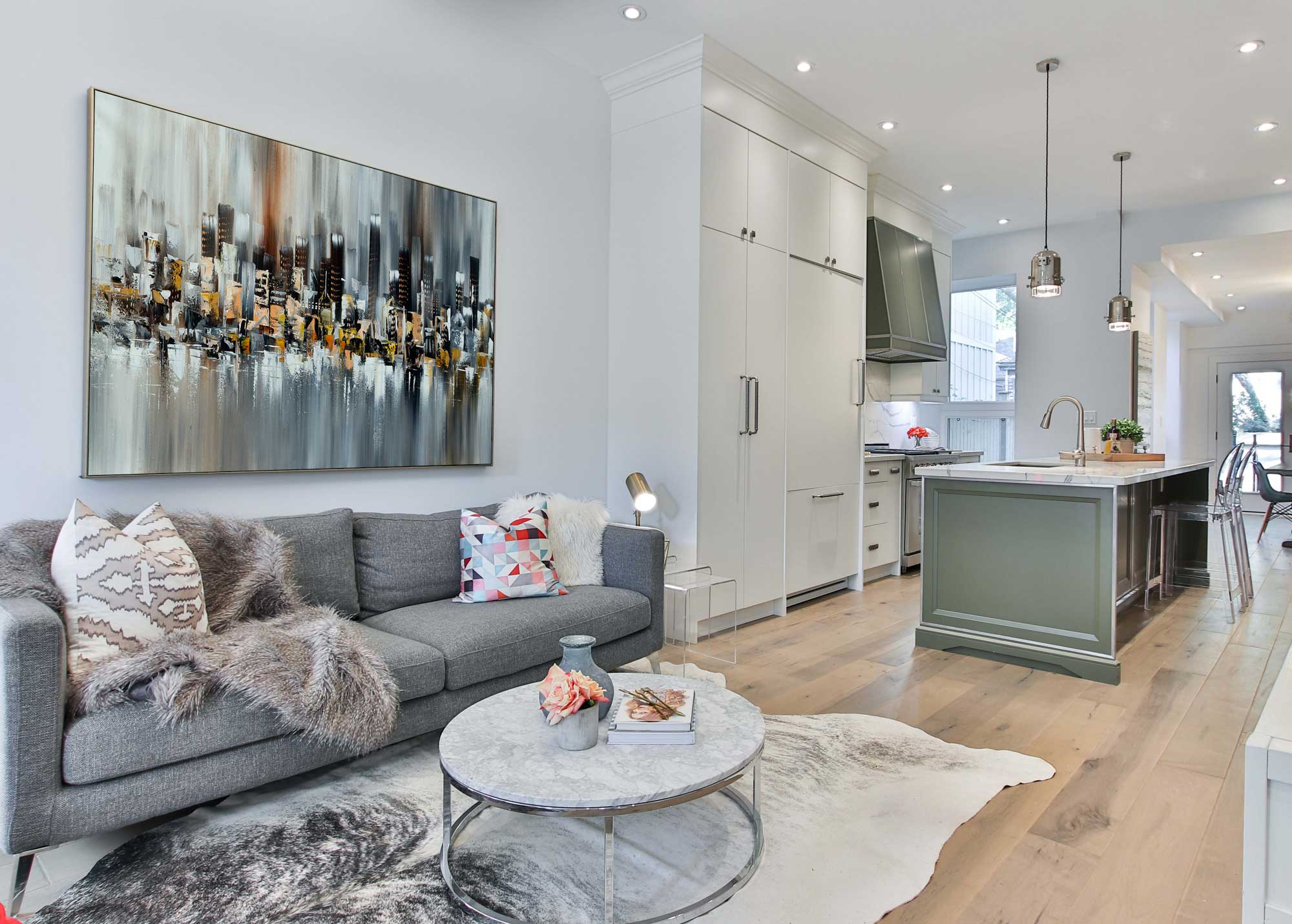 Skyscrapers at Night - Cityscape art category - open plan living room side display - golden silver frame style