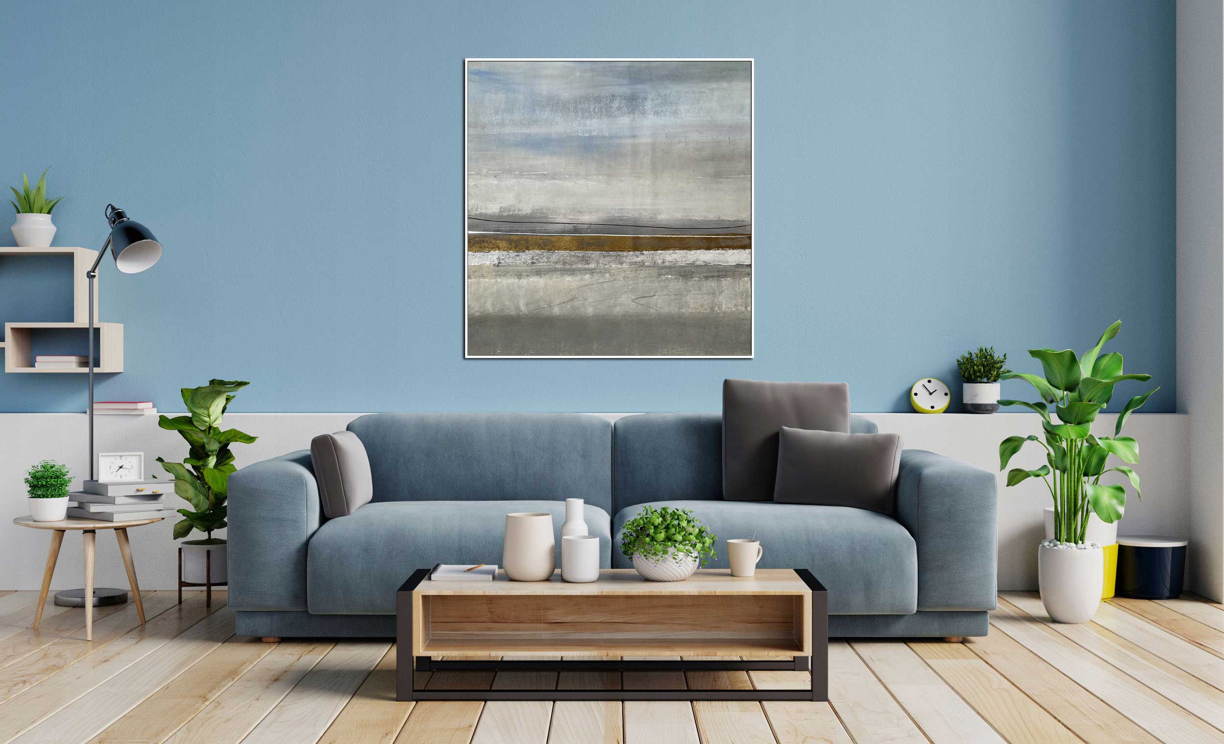 Spring Field - Abstract art category - Blue sofa background - white frame style