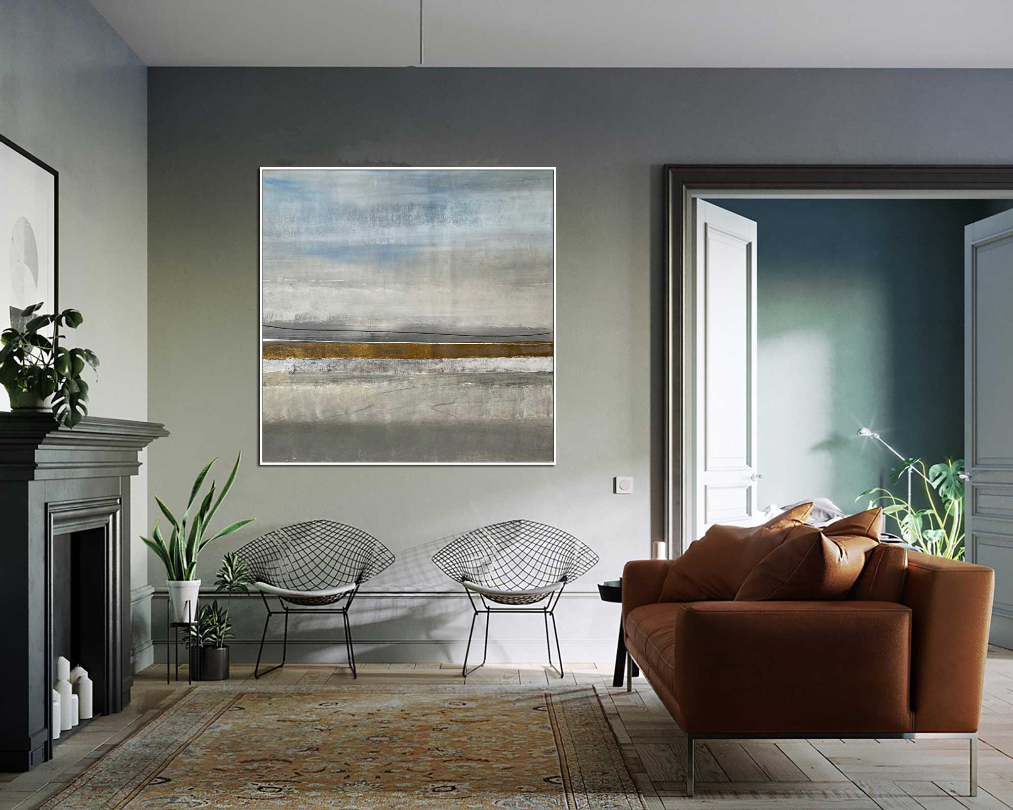 Spring Field - Abstract art category - Modern brown sofa background - white frame style