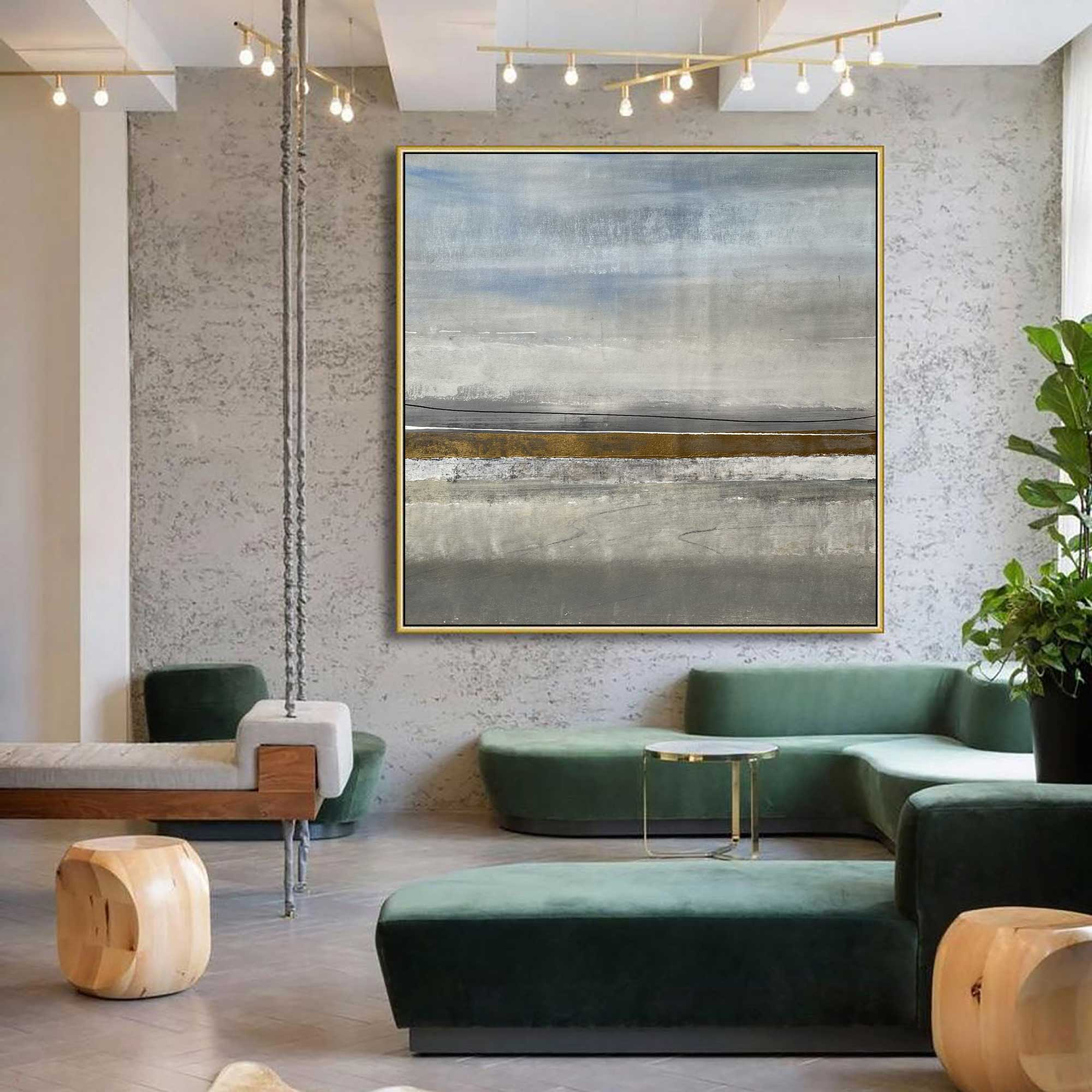 Spring Field - Abstract art category - Modern green sofa background - golden frame style